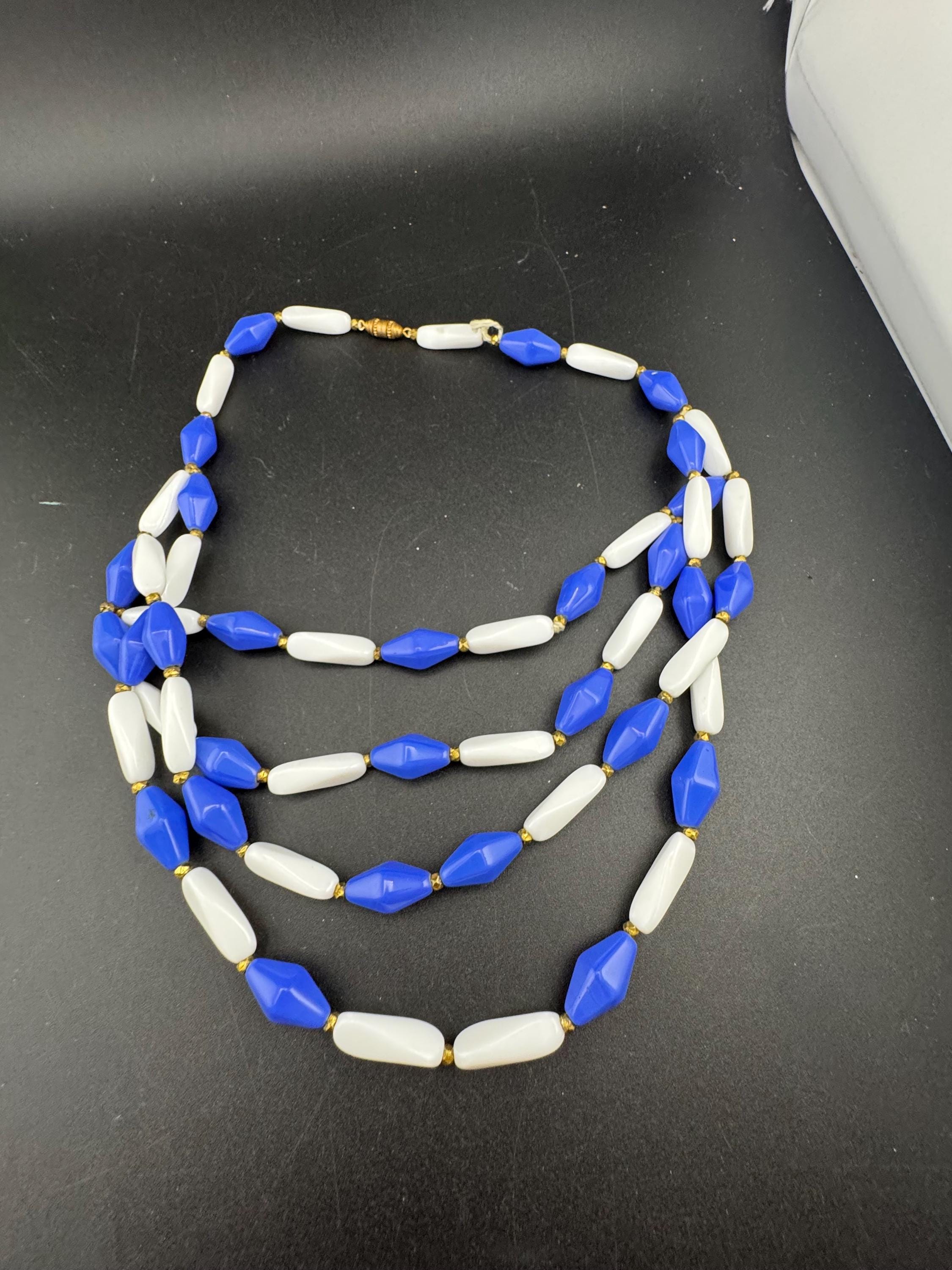 vintage blue and white glass triple strand 3 row beaded necklace