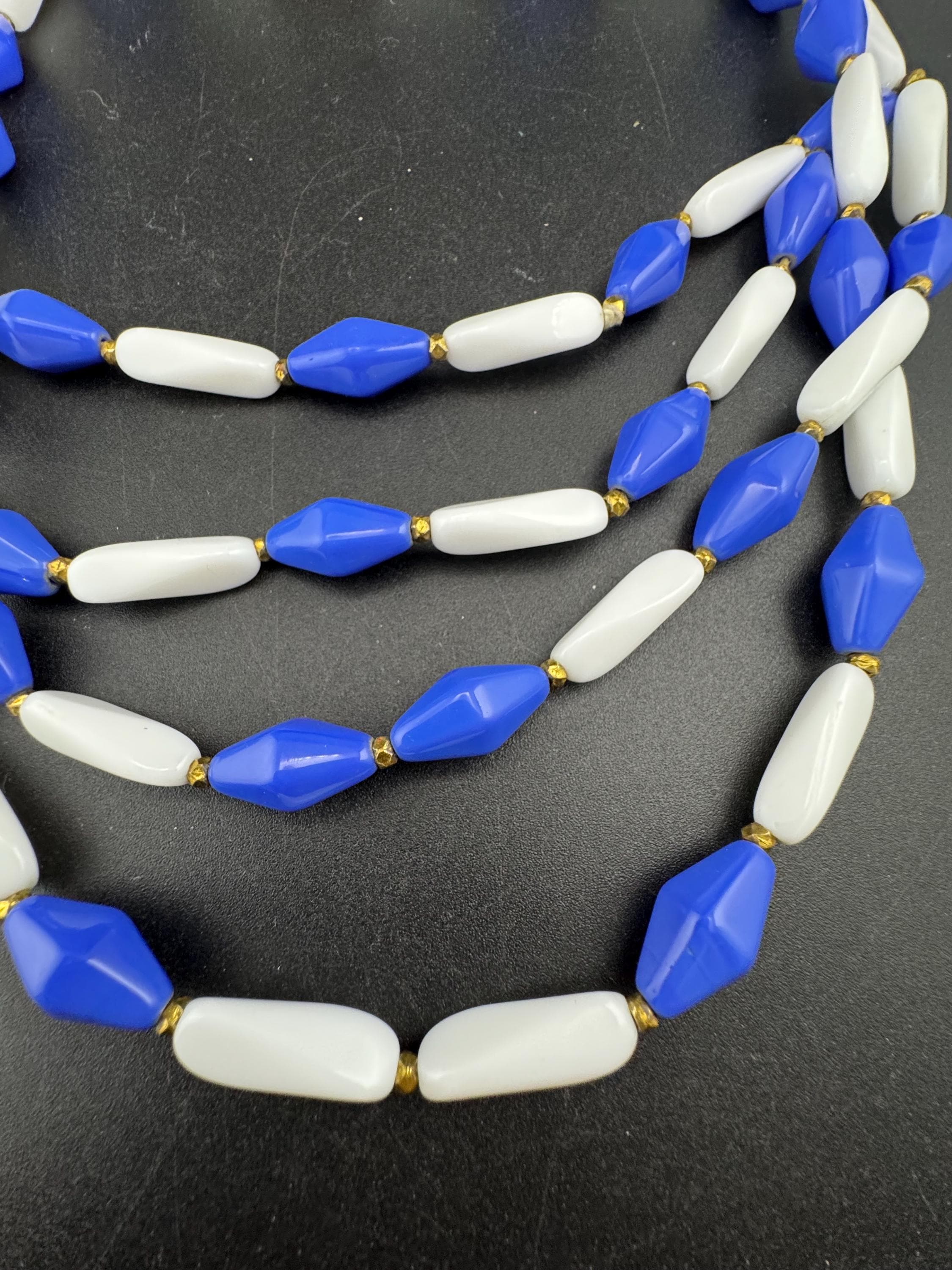 vintage blue and white glass triple strand 3 row beaded necklace