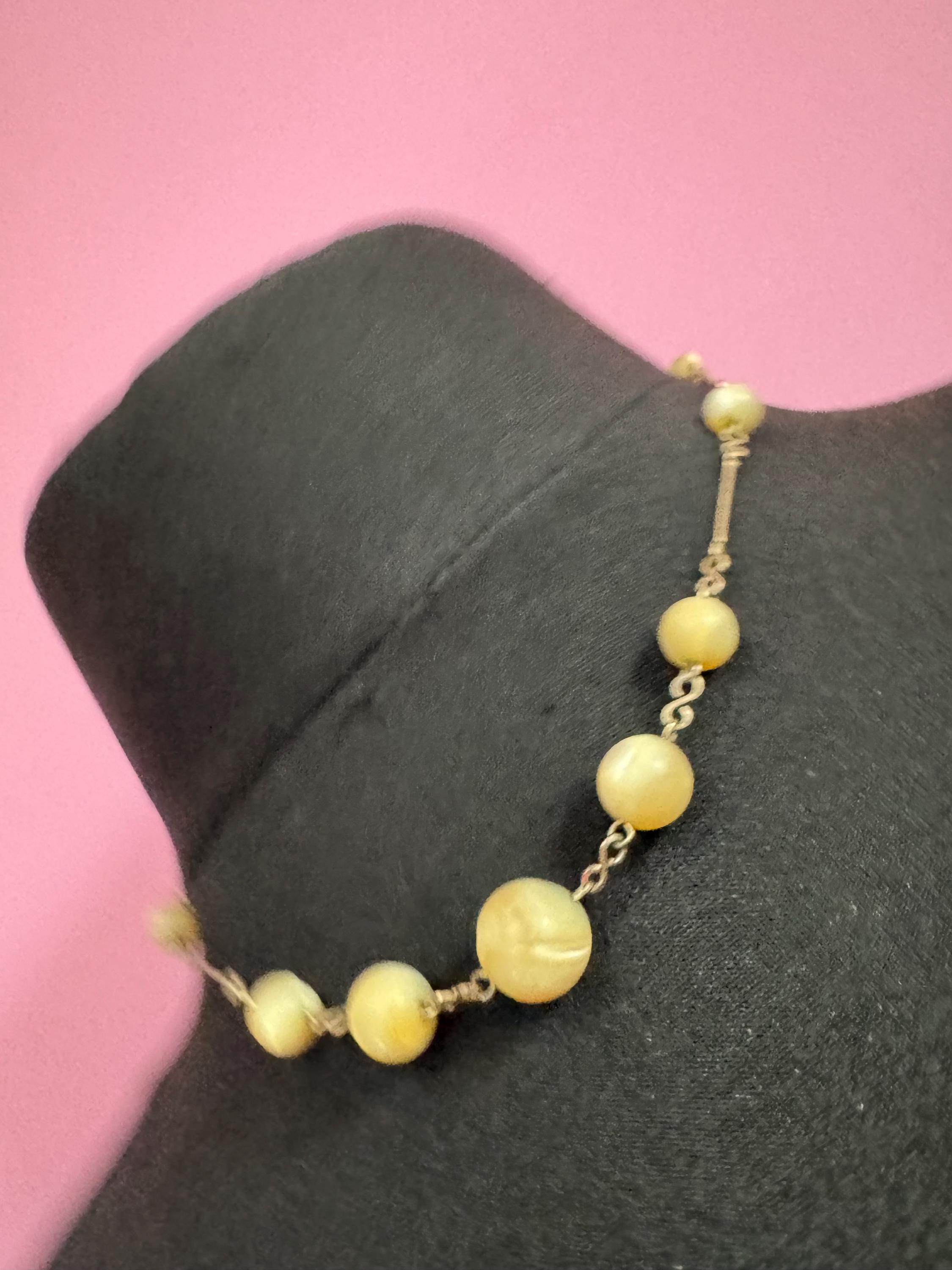 Antique rolled gold natural pearl beaded necklace 43cm