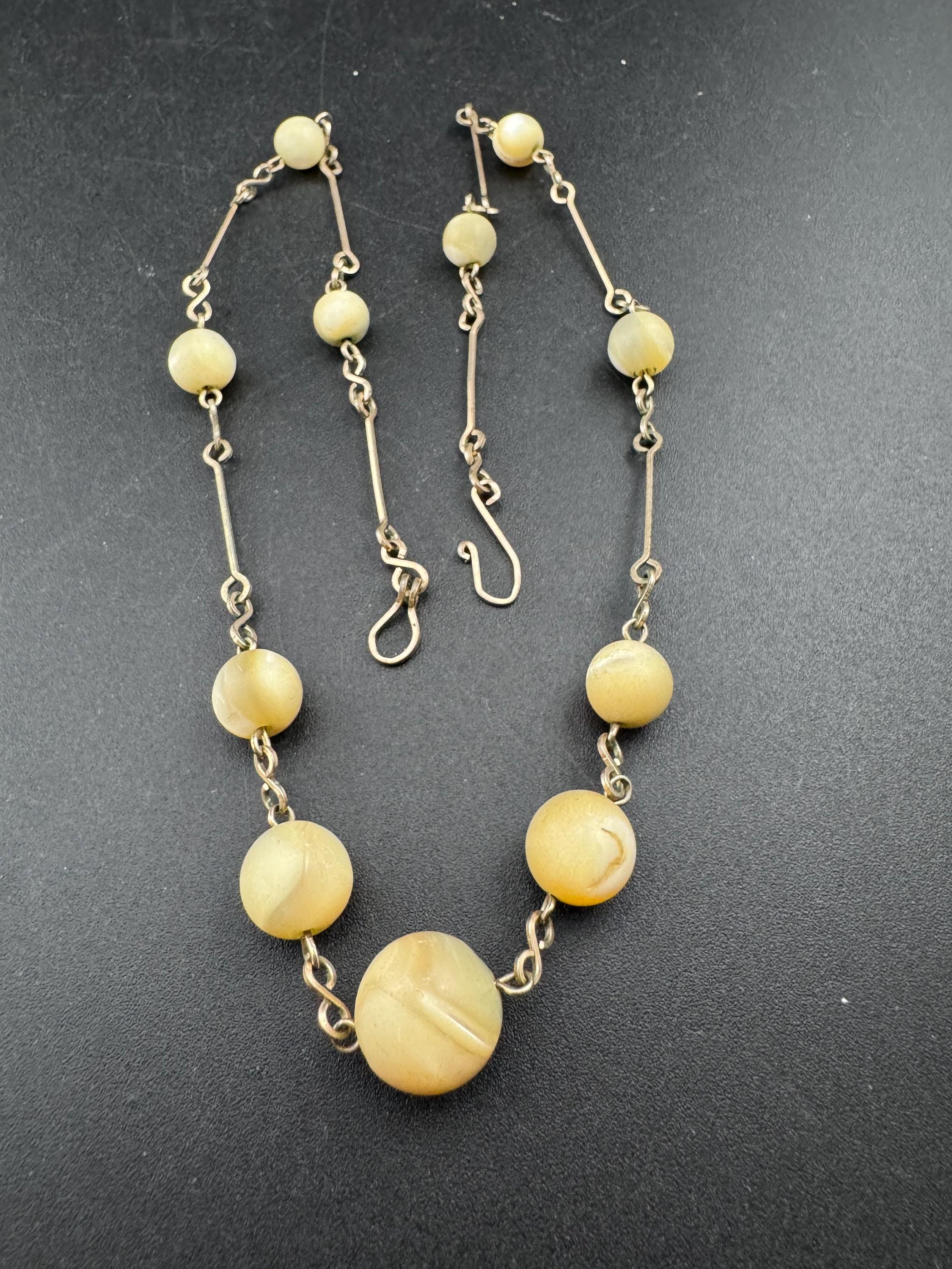 Antique rolled gold natural pearl beaded necklace 43cm