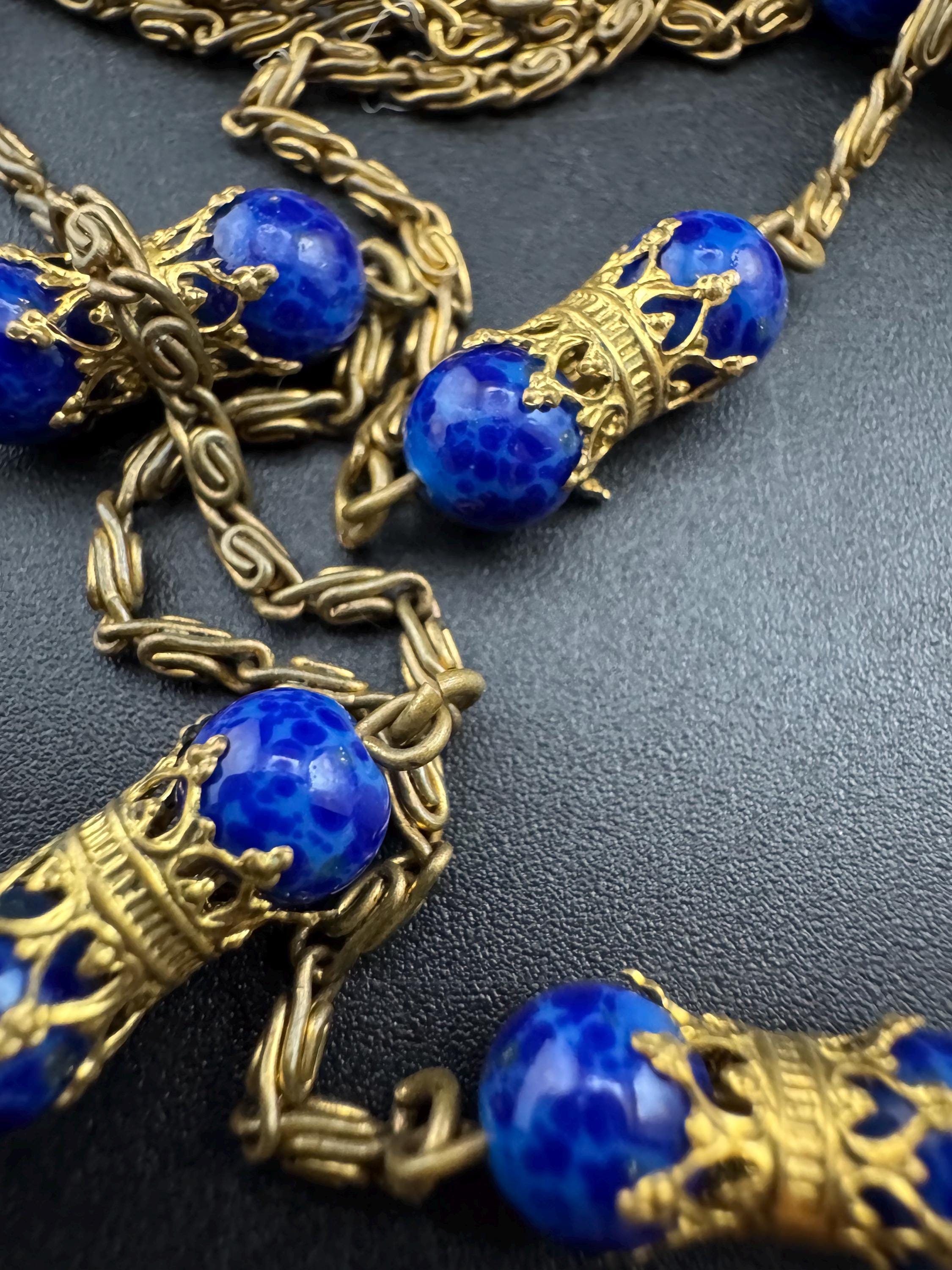 Vintage lapis lazuli blue gemstone beaded necklace, czech filigree 120cm