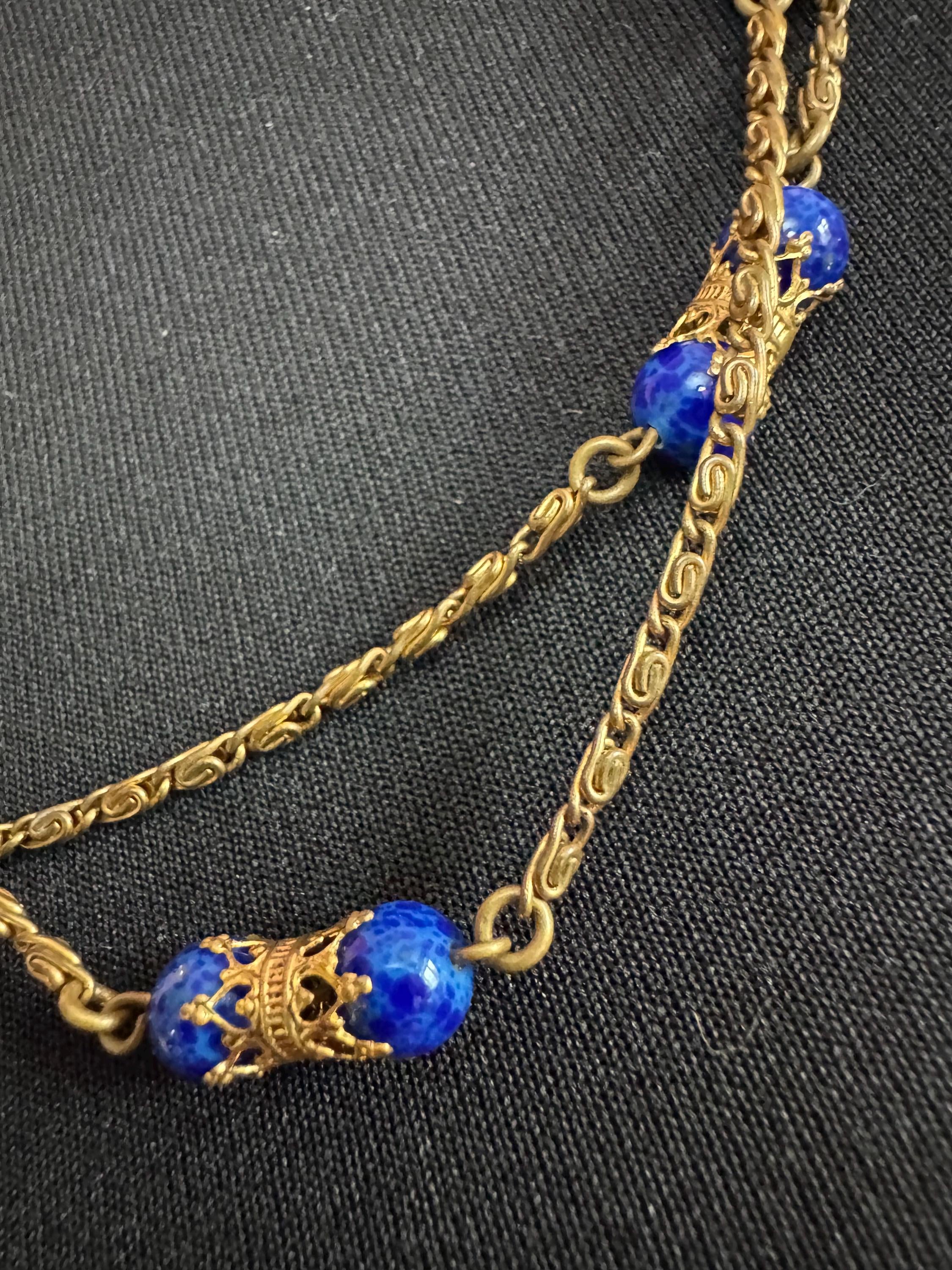 Vintage lapis lazuli blue gemstone beaded necklace, czech filigree 120cm