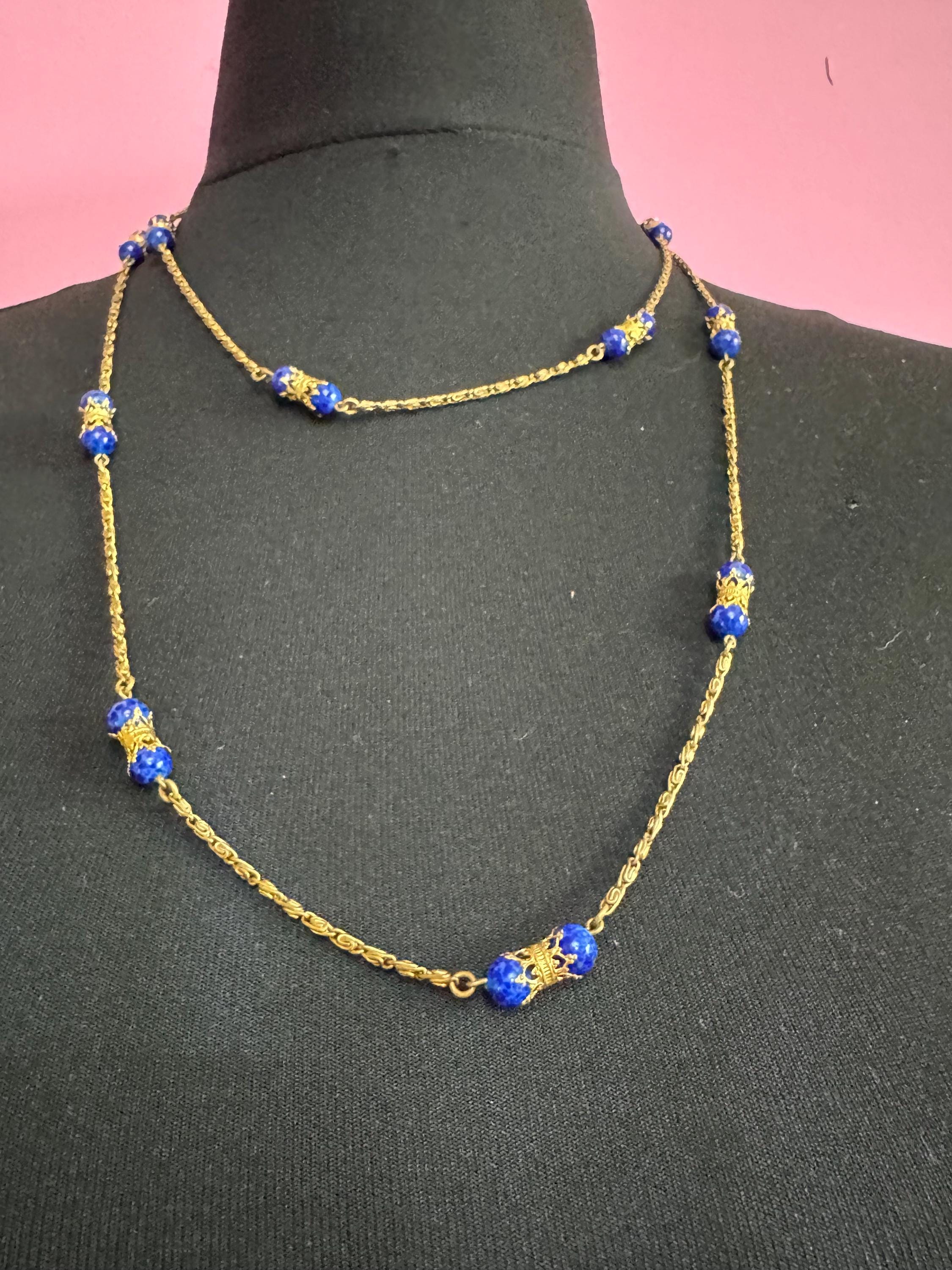 Vintage lapis lazuli blue gemstone beaded necklace, czech filigree 120cm