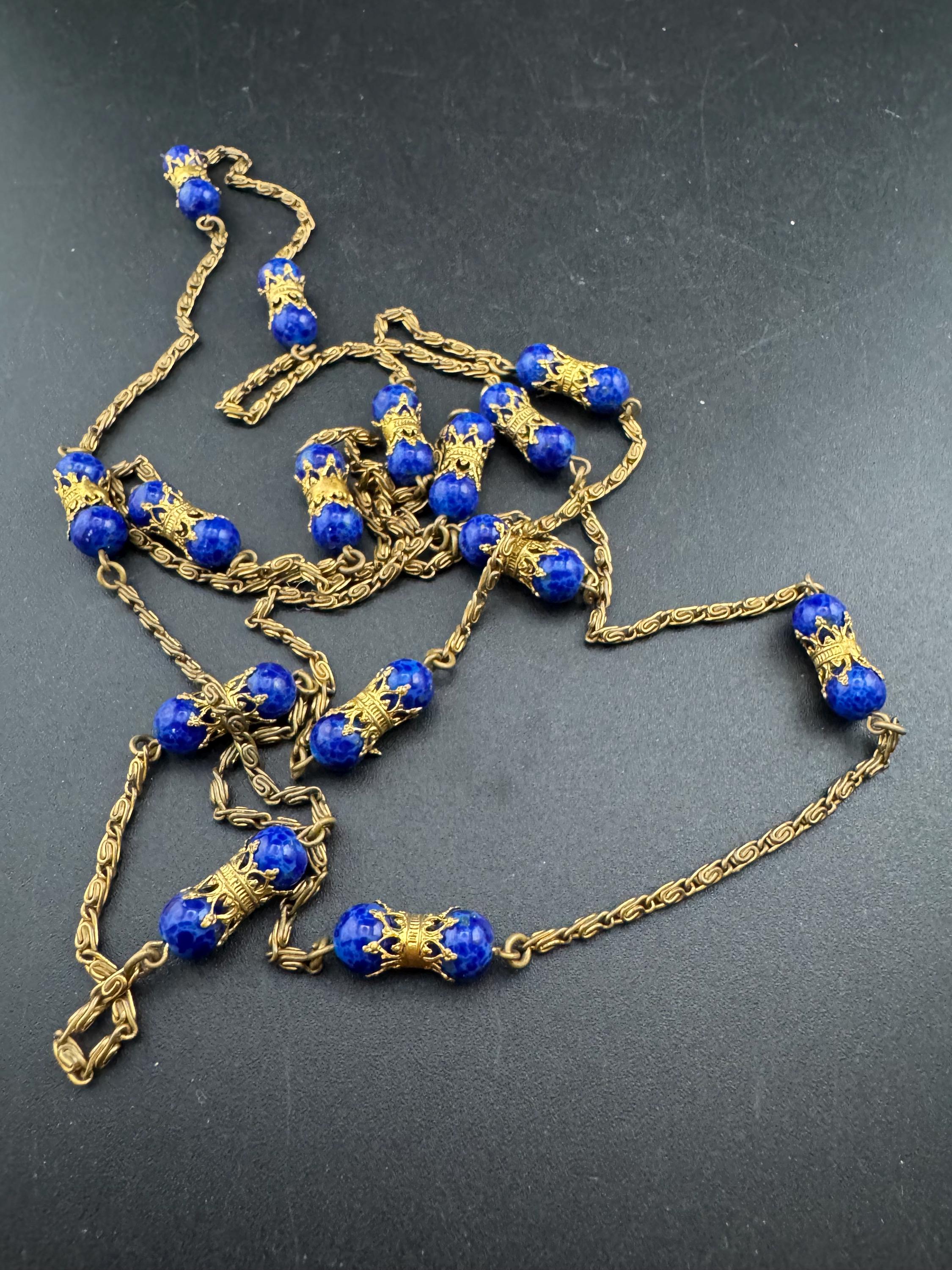 Vintage lapis lazuli blue gemstone beaded necklace, czech filigree 120cm