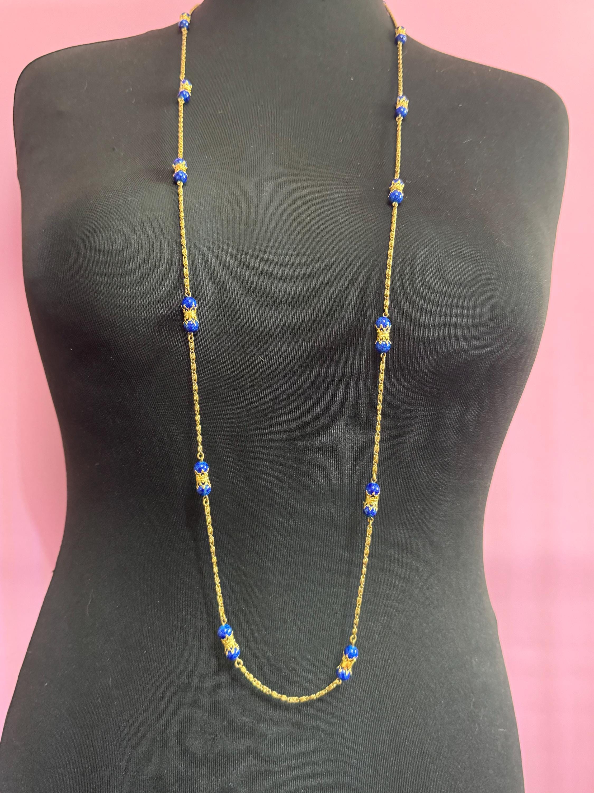 Vintage lapis lazuli blue gemstone beaded necklace, czech filigree 120cm