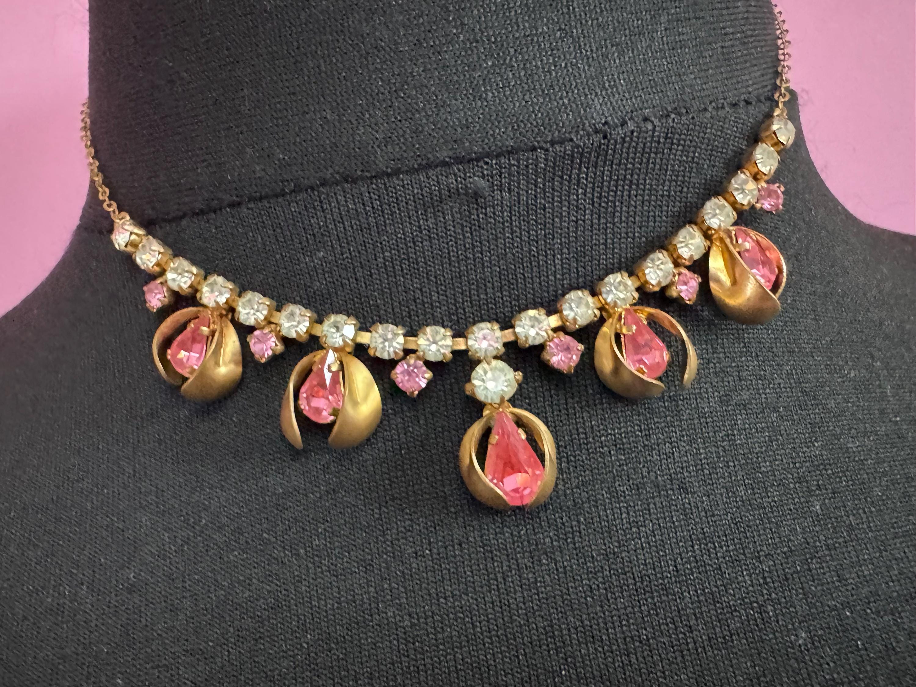 43cm pink diamanté crystal necklace, fine gold tone chain, glass rhinestones, vintage
