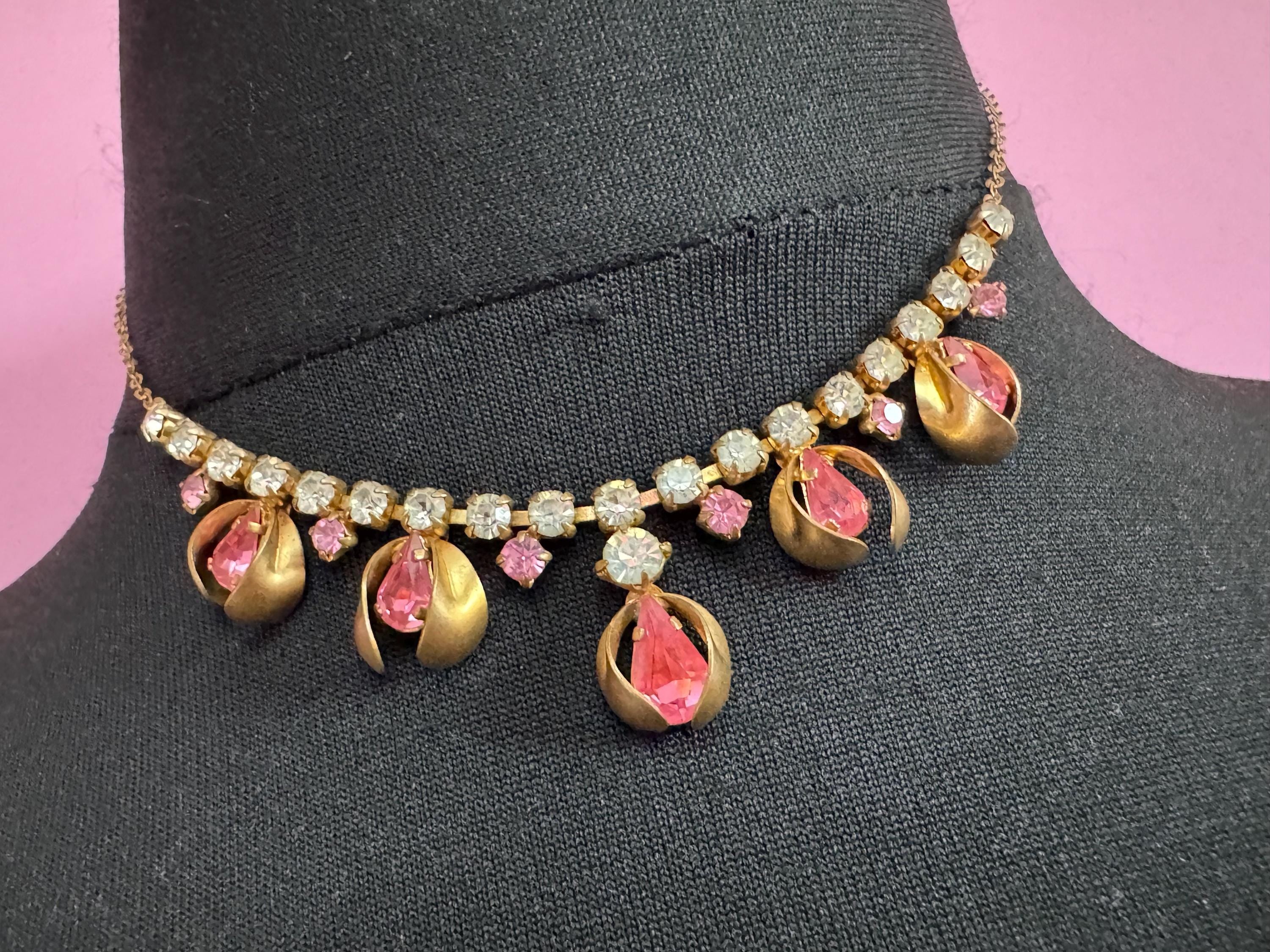 43cm pink diamanté crystal necklace, fine gold tone chain, glass rhinestones, vintage