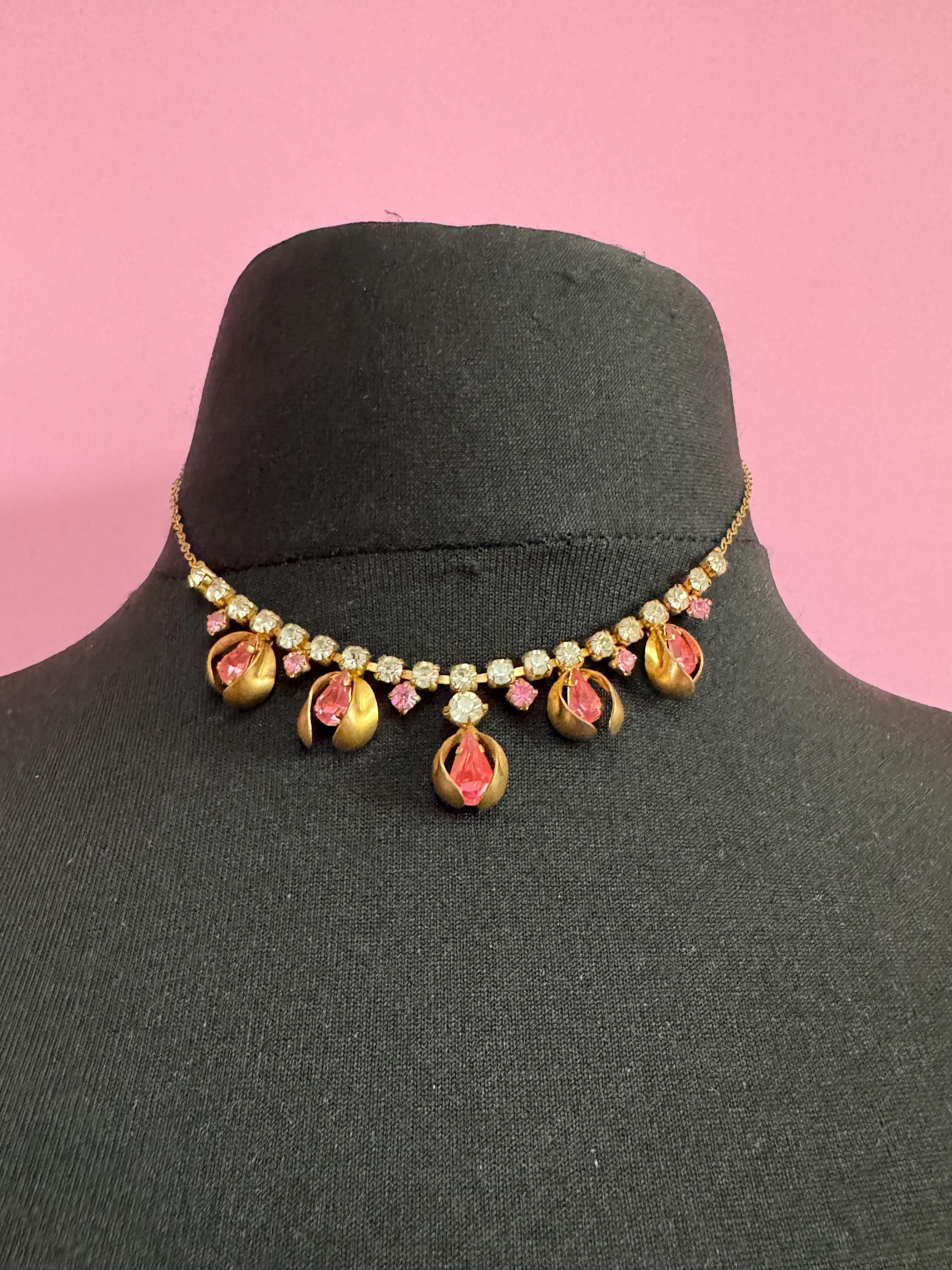 43cm pink diamanté crystal necklace, fine gold tone chain, glass rhinestones, vintage