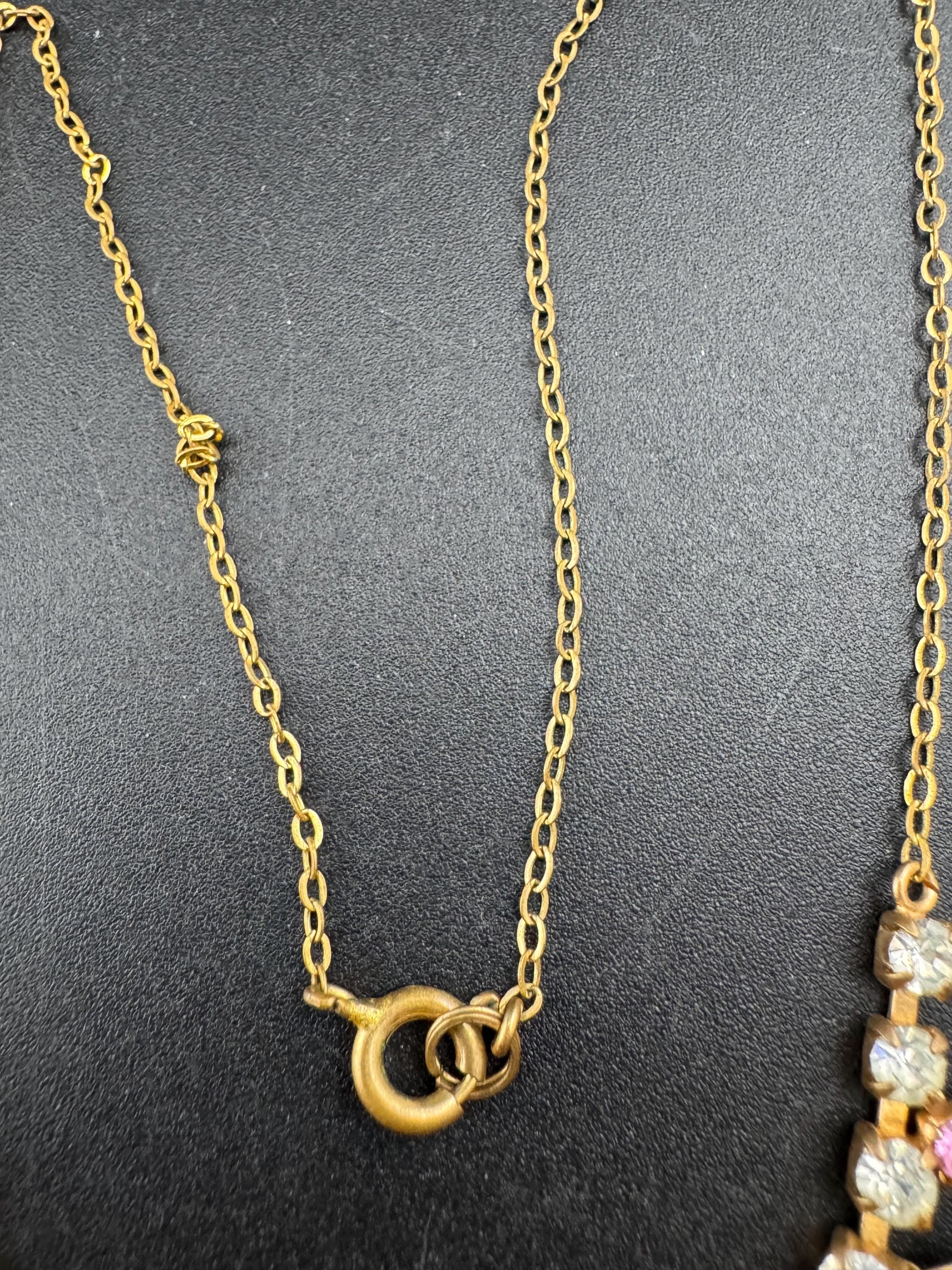 43cm pink diamanté crystal necklace, fine gold tone chain, glass rhinestones, vintage
