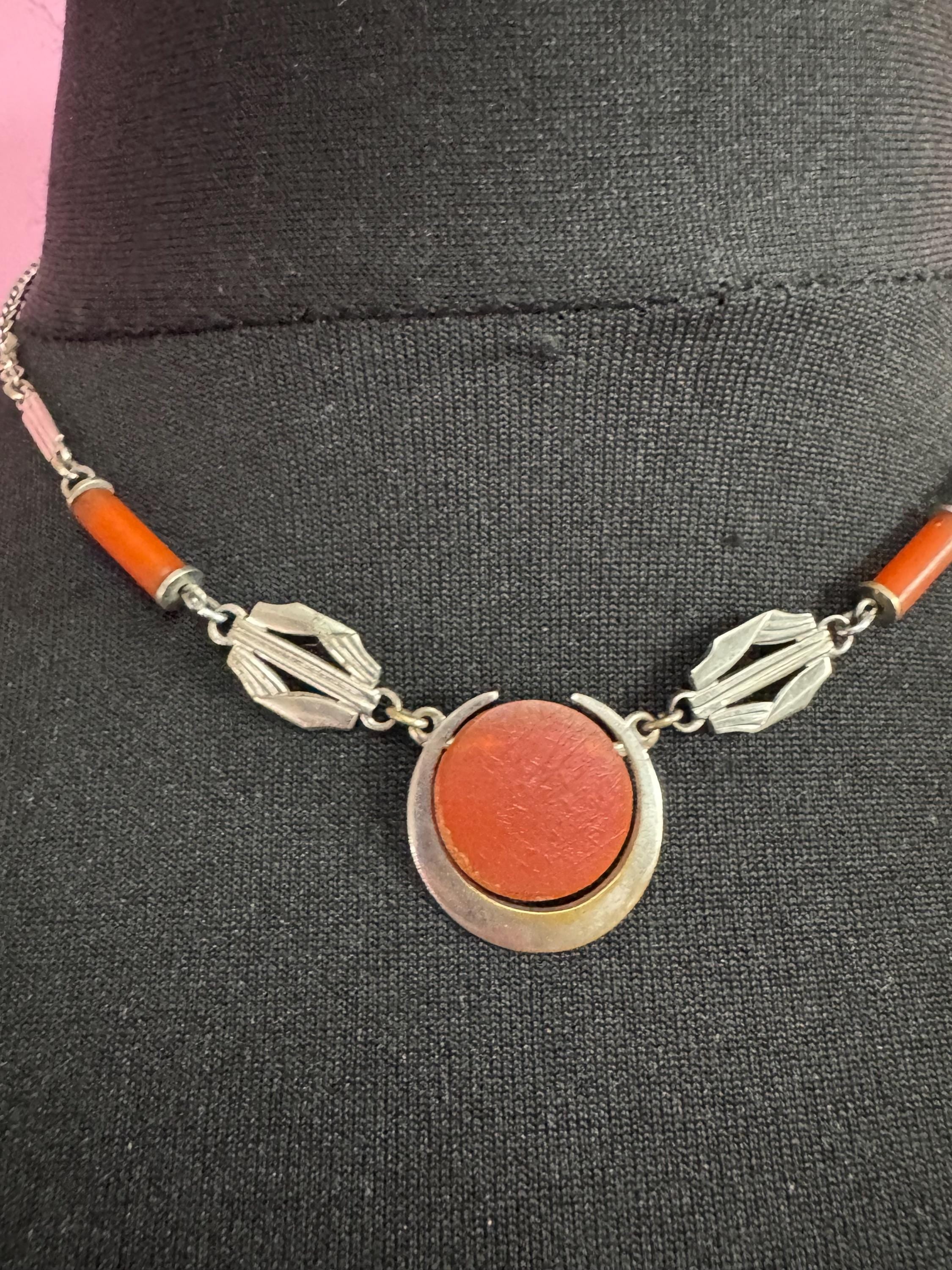 Art Deco silver chrome and galalith orange necklace, Jakob Bengal style 1920s 1930s