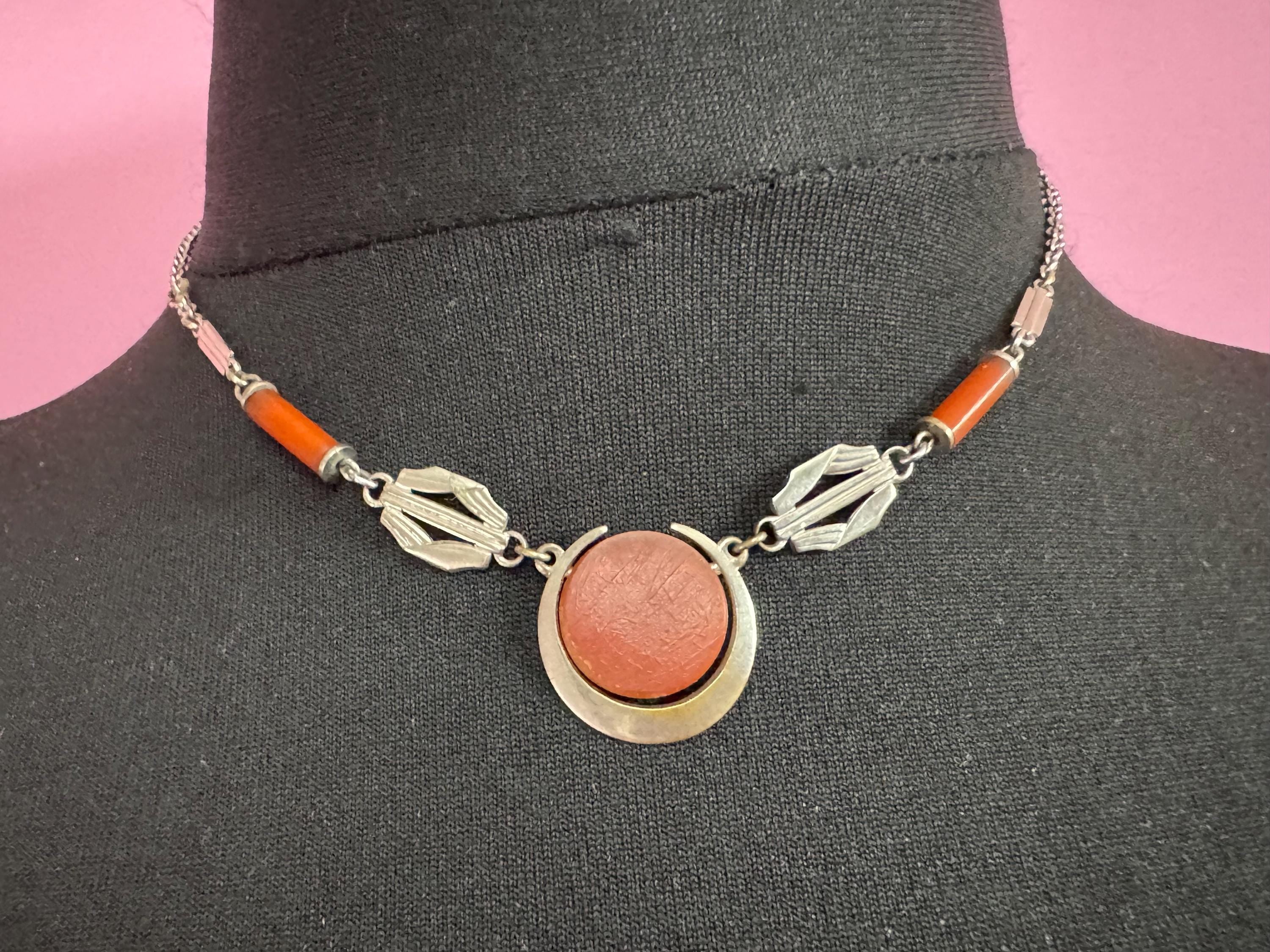 Art Deco silver chrome and galalith orange necklace, Jakob Bengal style 1920s 1930s