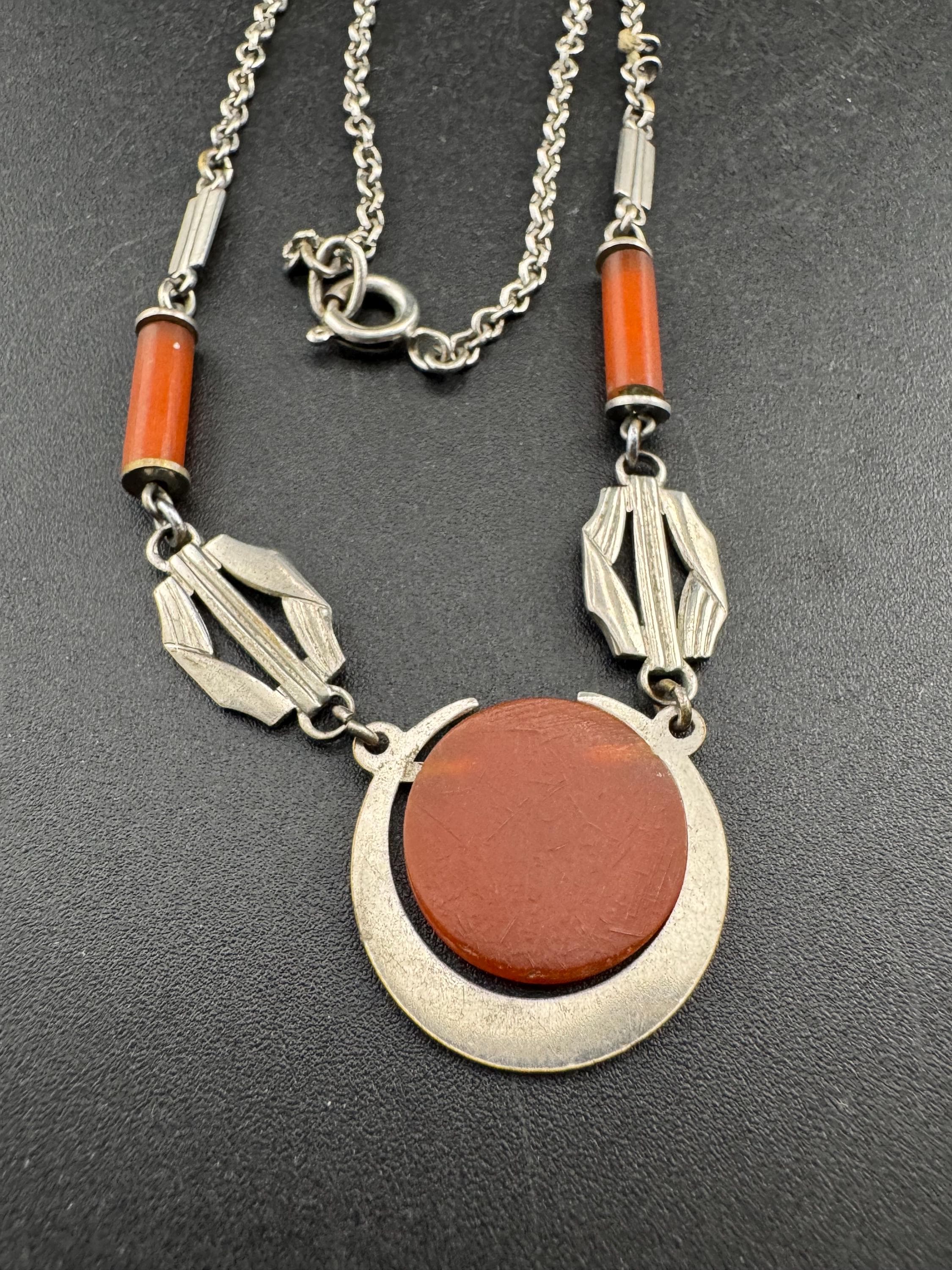 Art Deco silver chrome and galalith orange necklace, Jakob Bengal style 1920s 1930s