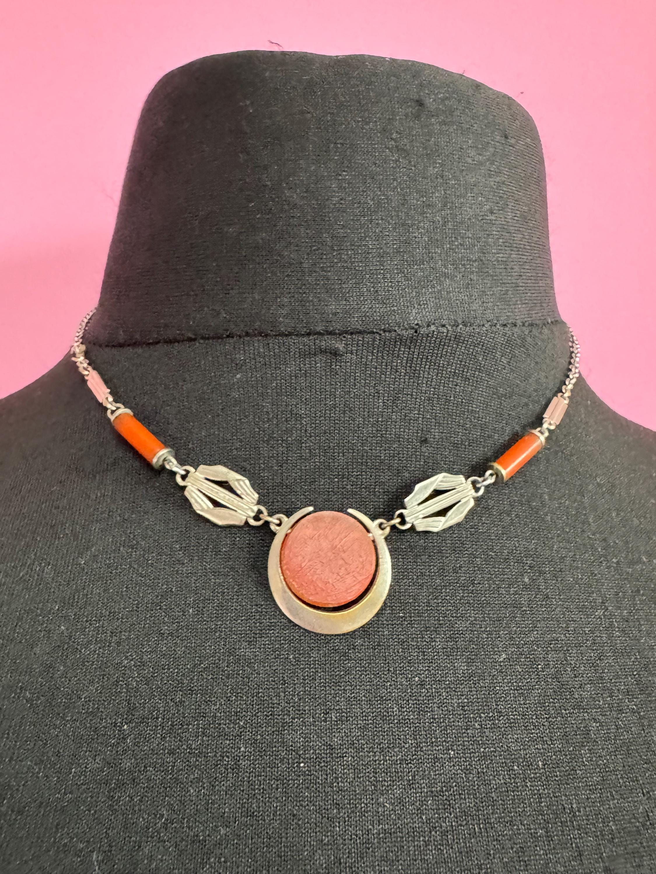 Art Deco silver chrome and galalith orange necklace, Jakob Bengal style 1920s 1930s