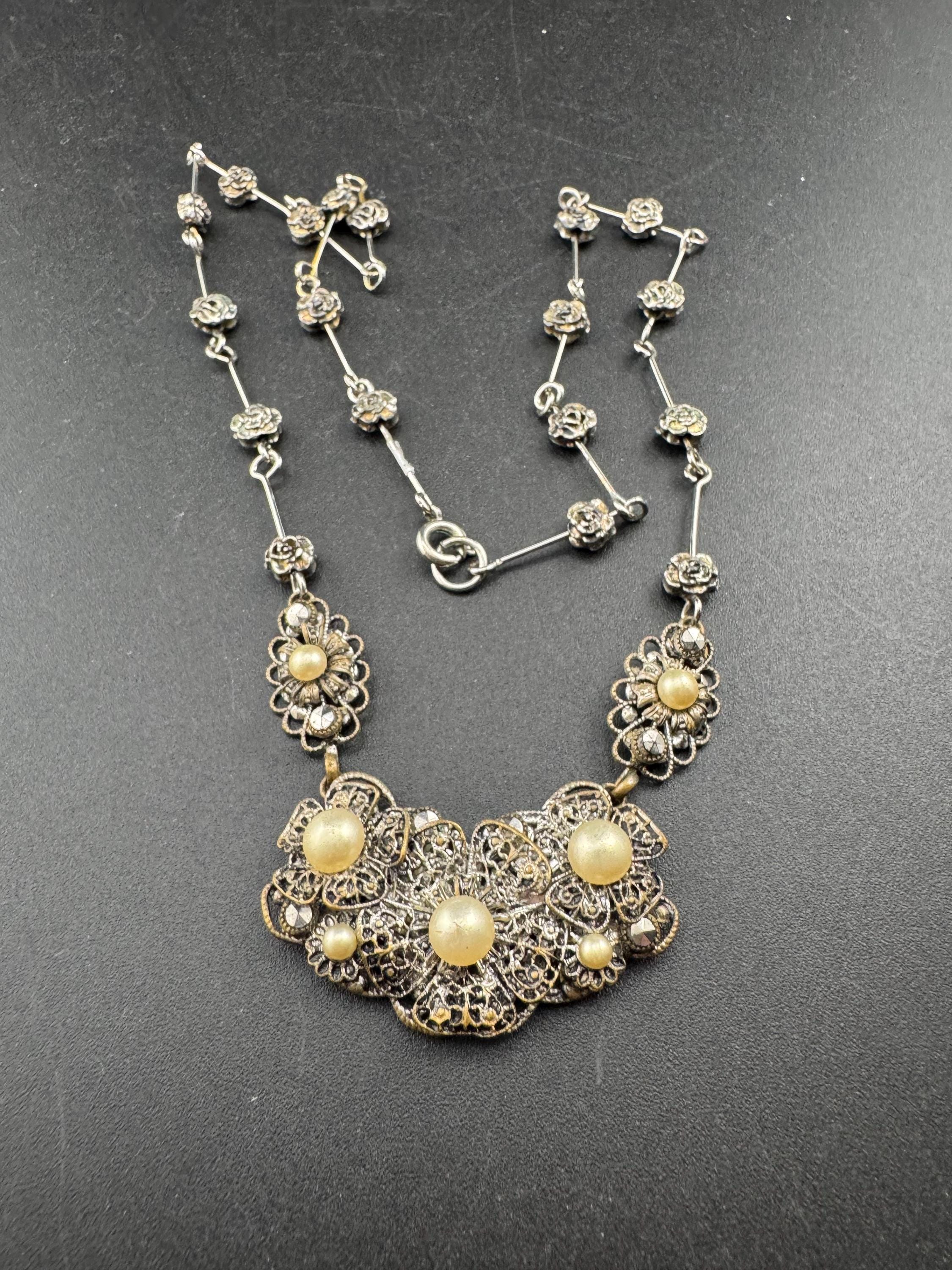 Antique czech filigree necklace with faux pearls collar length
