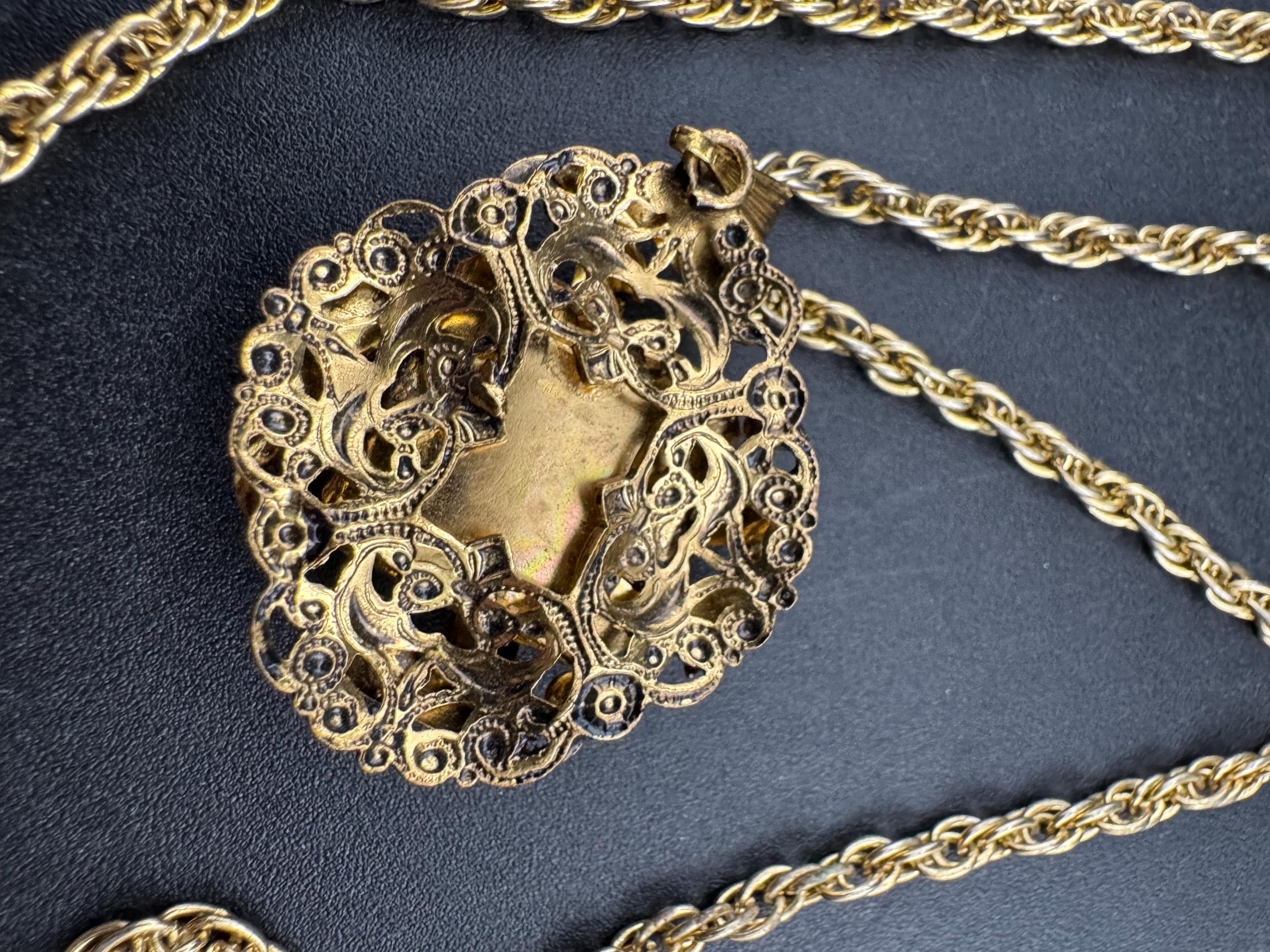 Vintage pink opaline cabochon Pendant Necklace, Czech filigree on later rope chain