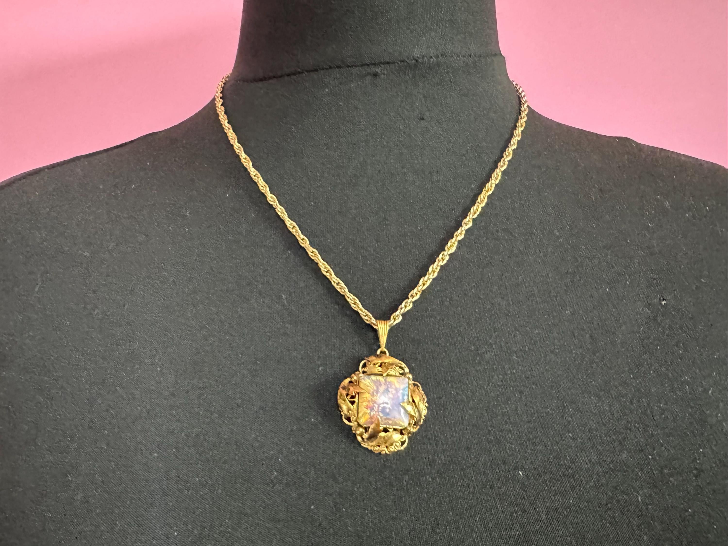 Vintage pink opaline cabochon Pendant Necklace, Czech filigree on later rope chain