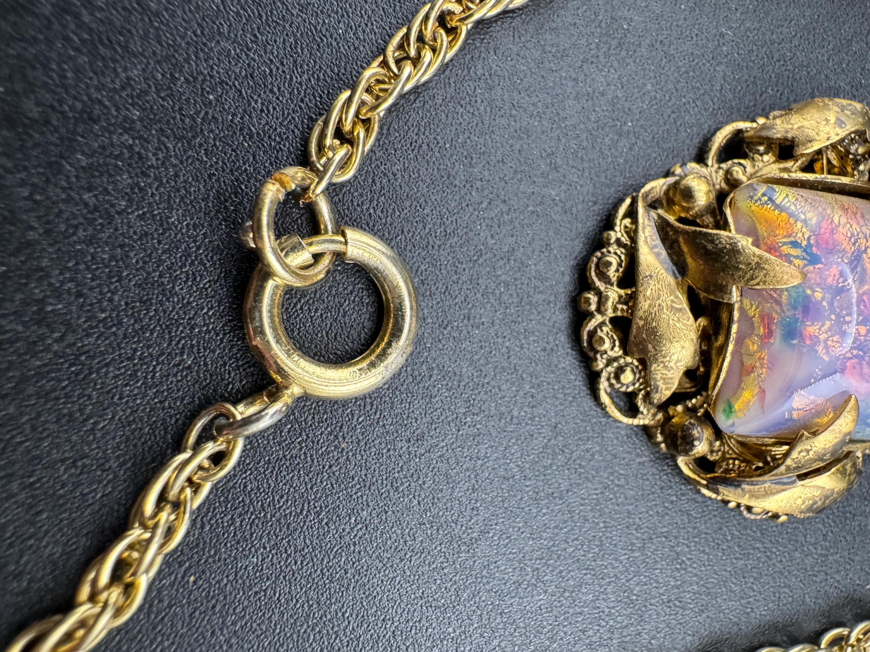 Vintage pink opaline cabochon Pendant Necklace, Czech filigree on later rope chain