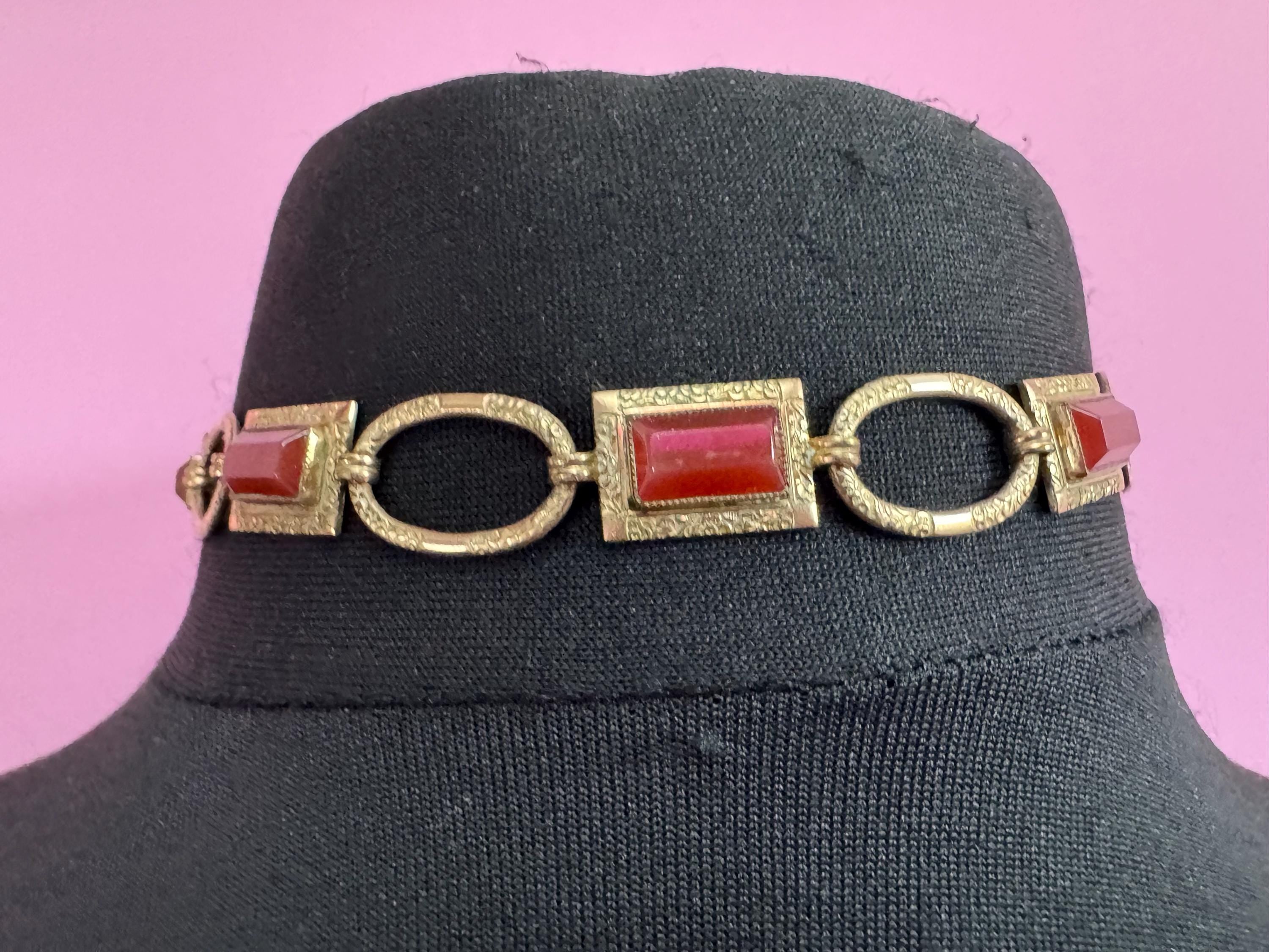 Antique Edwardian carnelian gilt metal choker necklace, petite 38cm gemstone