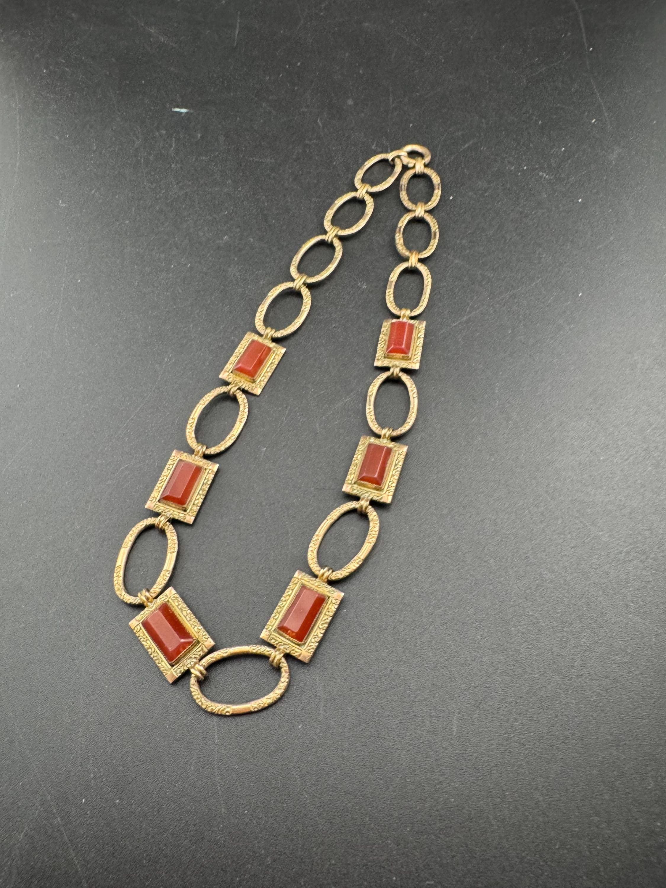 Antique Edwardian carnelian gilt metal choker necklace, petite 38cm gemstone