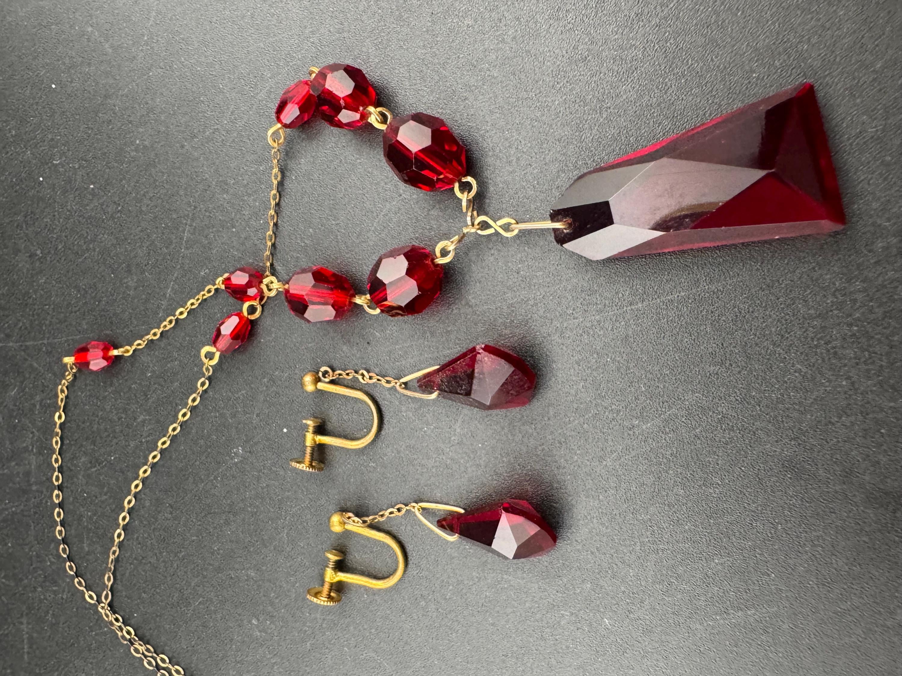 Vintage Art Deco Ruby Red Czech Crystal Jewelry Set