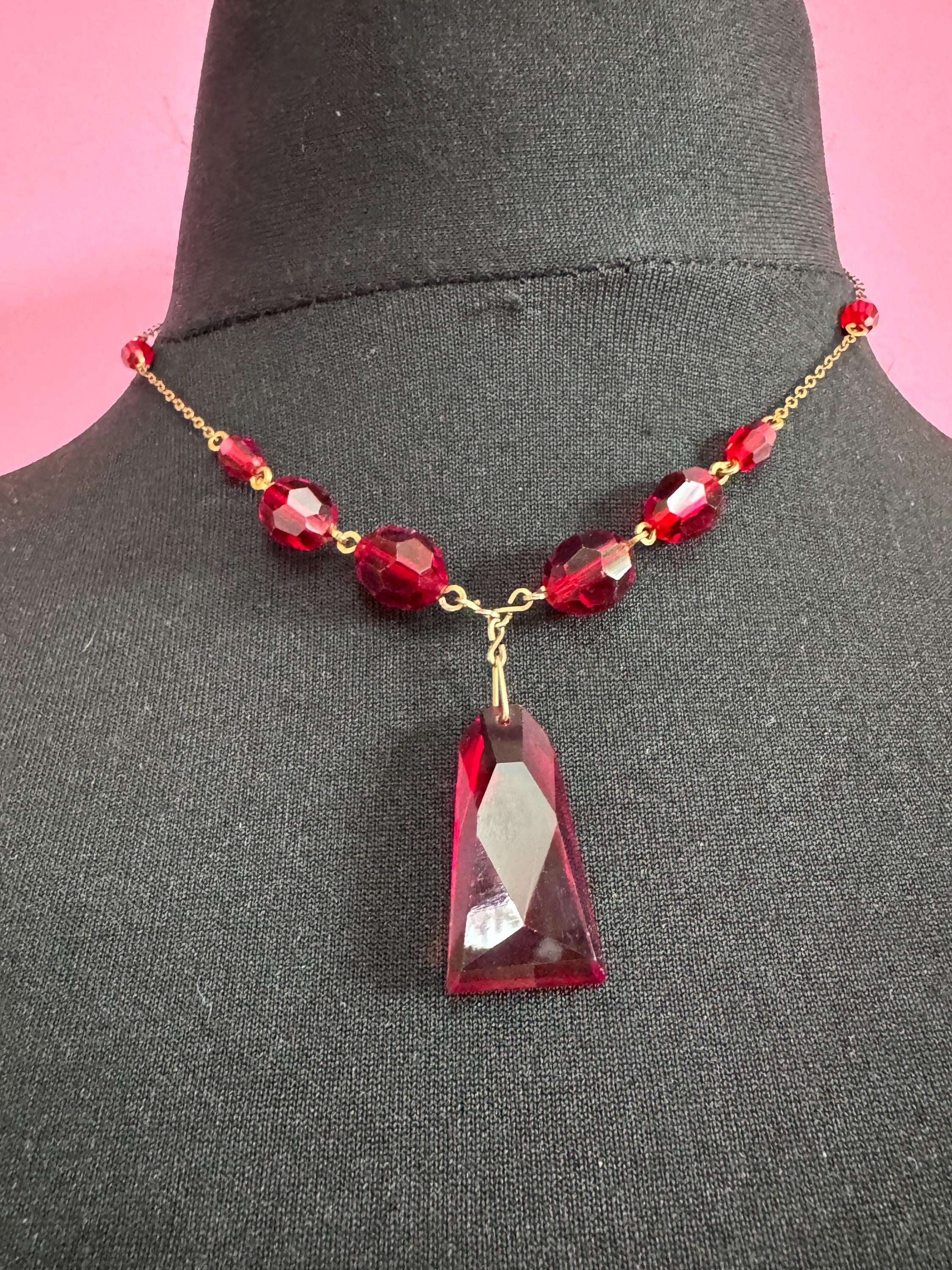 Vintage Art Deco Ruby Red Czech Crystal Jewelry Set