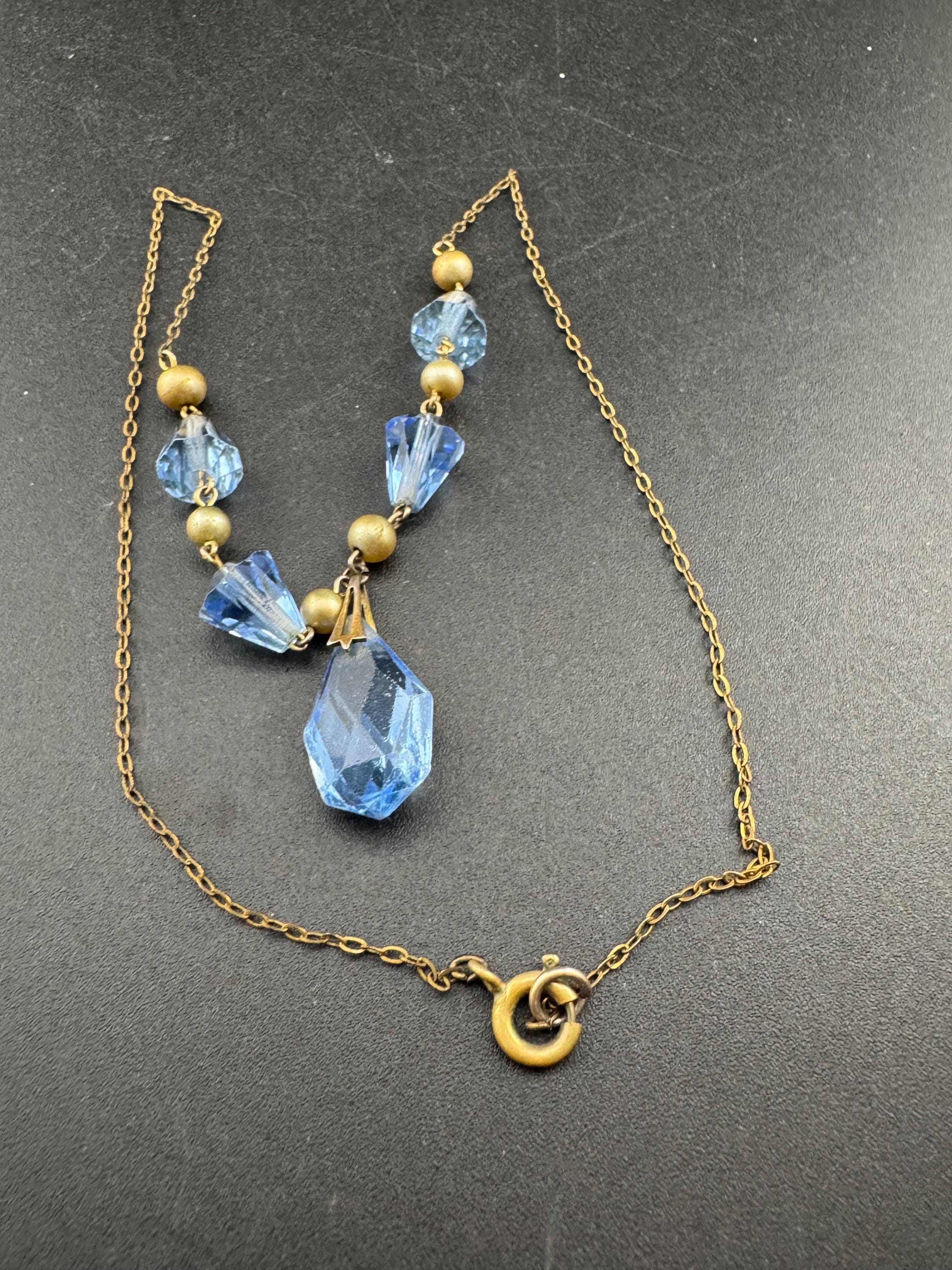 Art Deco Czech Blue Crystal Necklace with Faux Pearls
