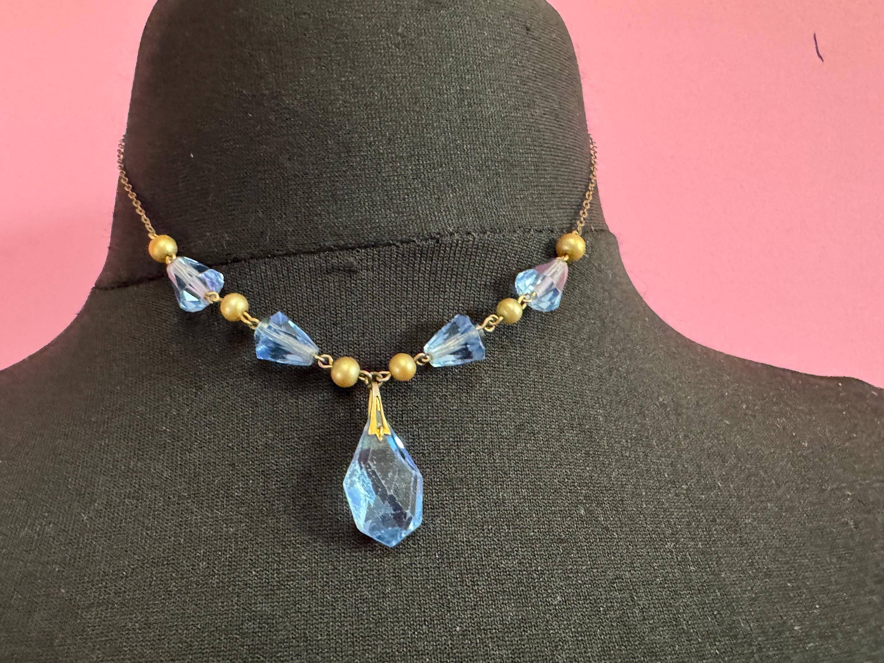 Art Deco Czech Blue Crystal Necklace with Faux Pearls