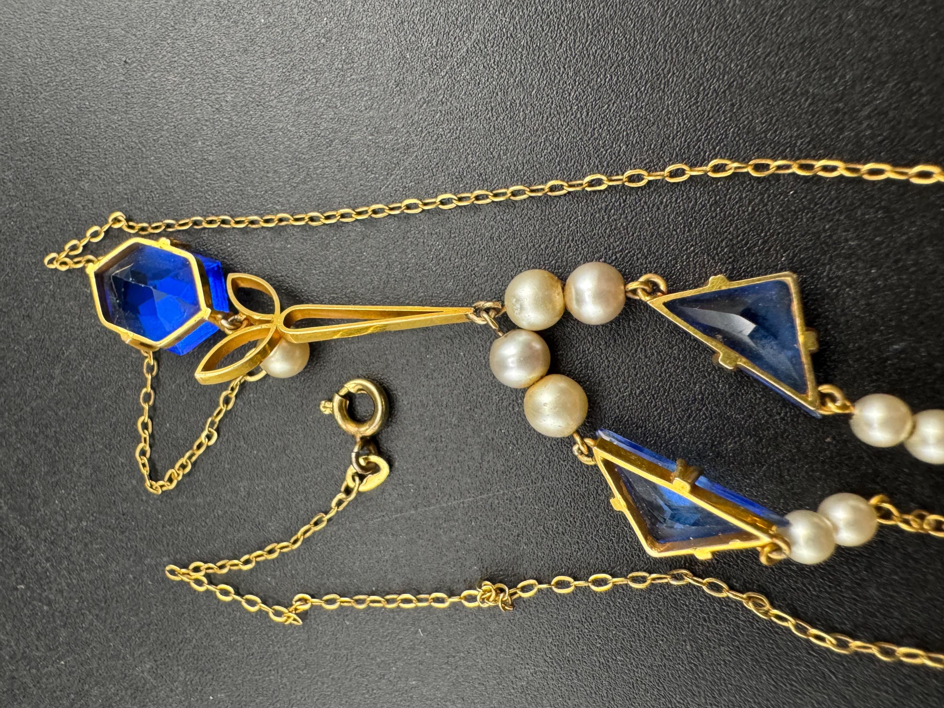 Art Deco Czech Crystal Necklace: Blue Dropper, Faux Pearls, Gilt Metal