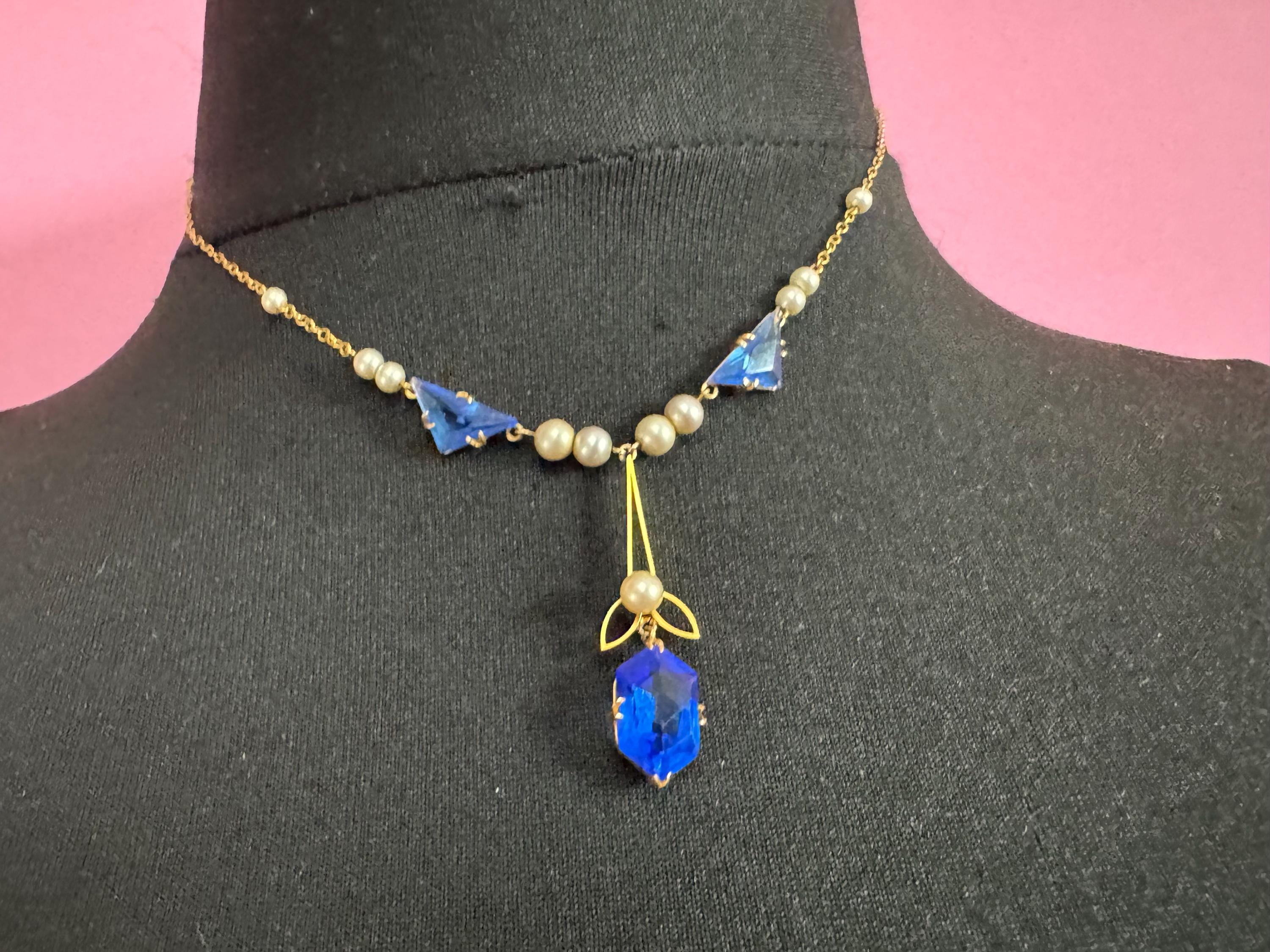 Art Deco Czech Crystal Necklace: Blue Dropper, Faux Pearls, Gilt Metal