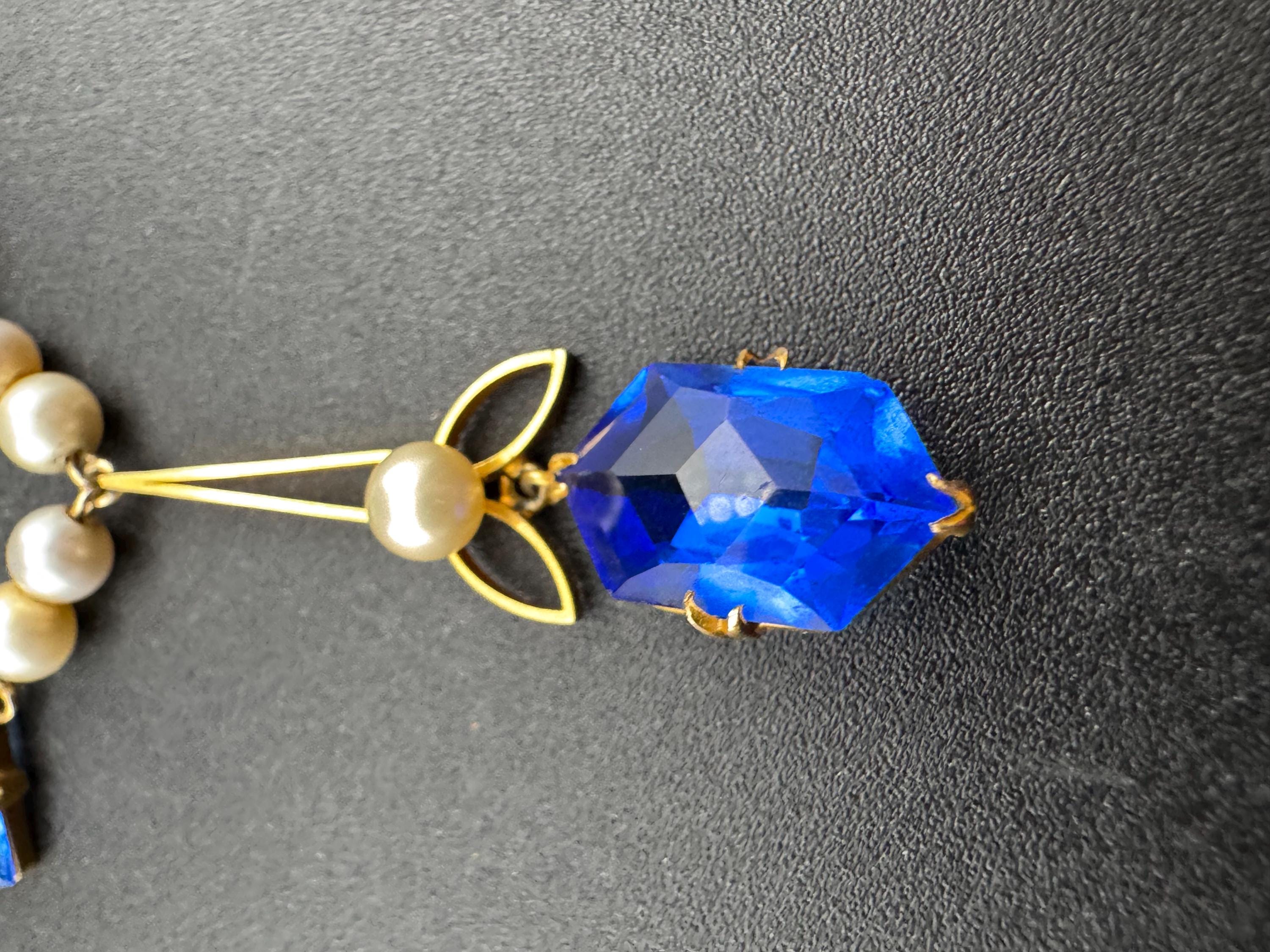 Art Deco Czech Crystal Necklace: Blue Dropper, Faux Pearls, Gilt Metal