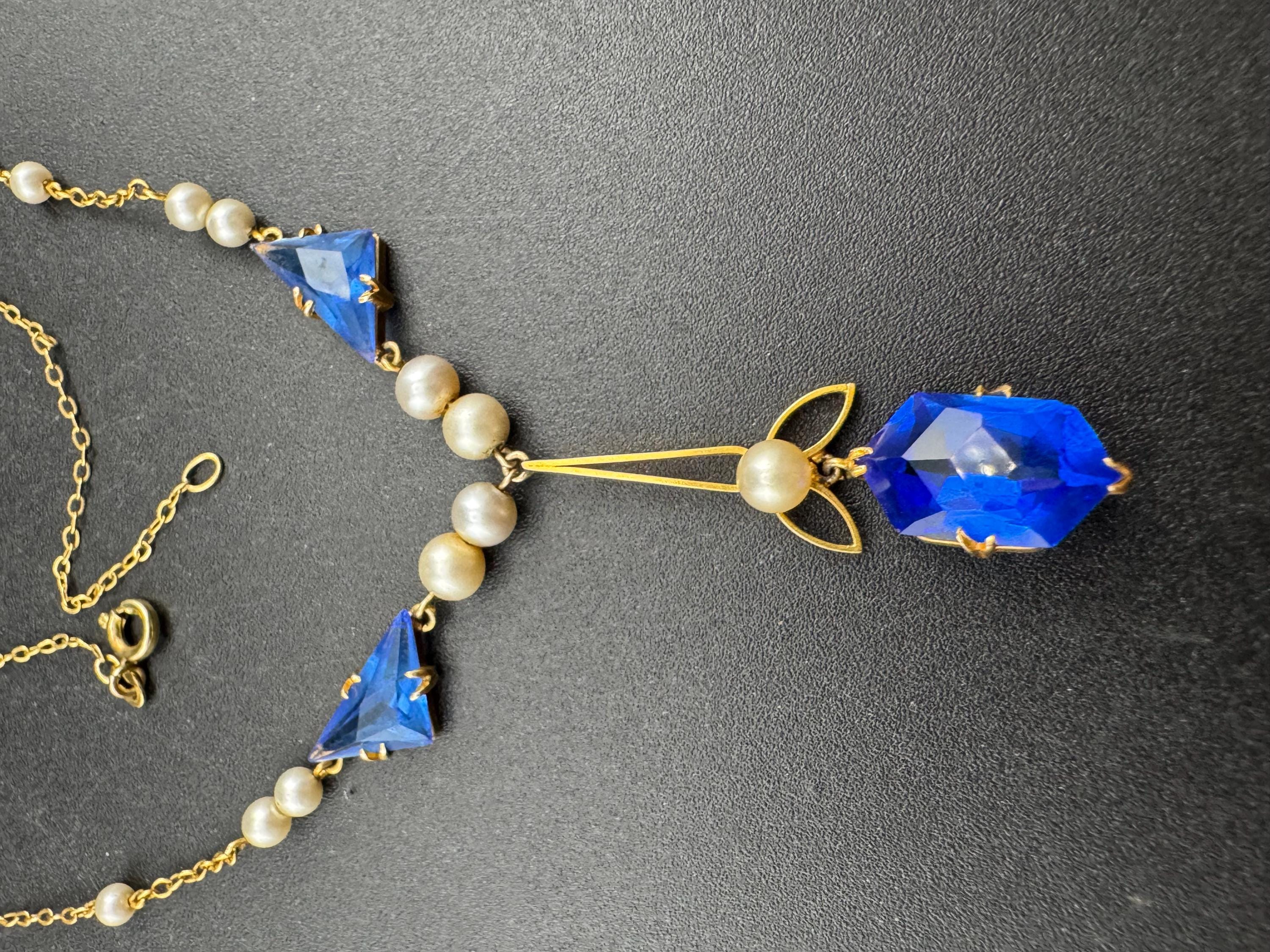 Art Deco Czech Crystal Necklace: Blue Dropper, Faux Pearls, Gilt Metal