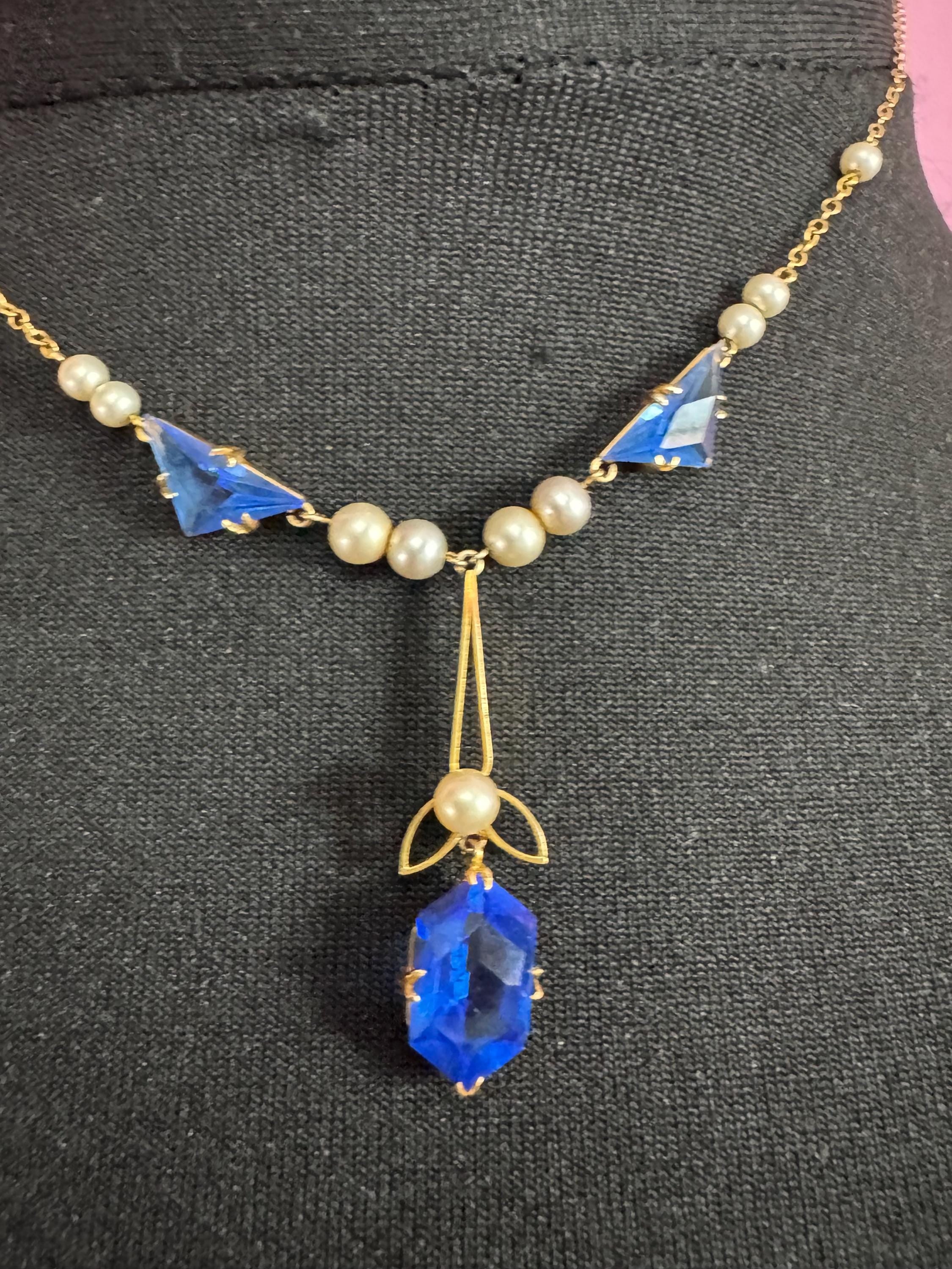 Art Deco Czech Crystal Necklace: Blue Dropper, Faux Pearls, Gilt Metal