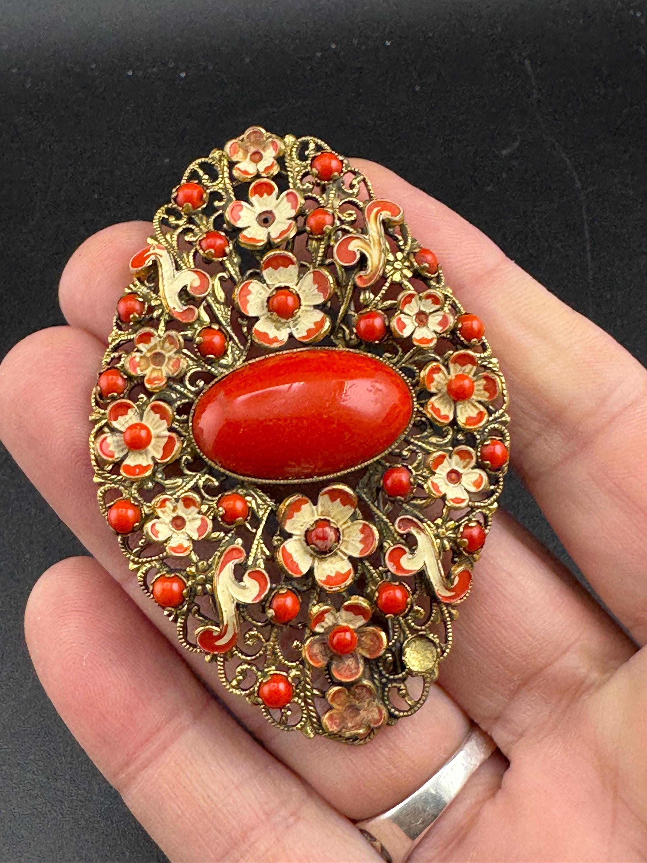 Art Deco large Czech Brooch: Brass Metal Leaf, cold painted Enamel, coral orange cabochon