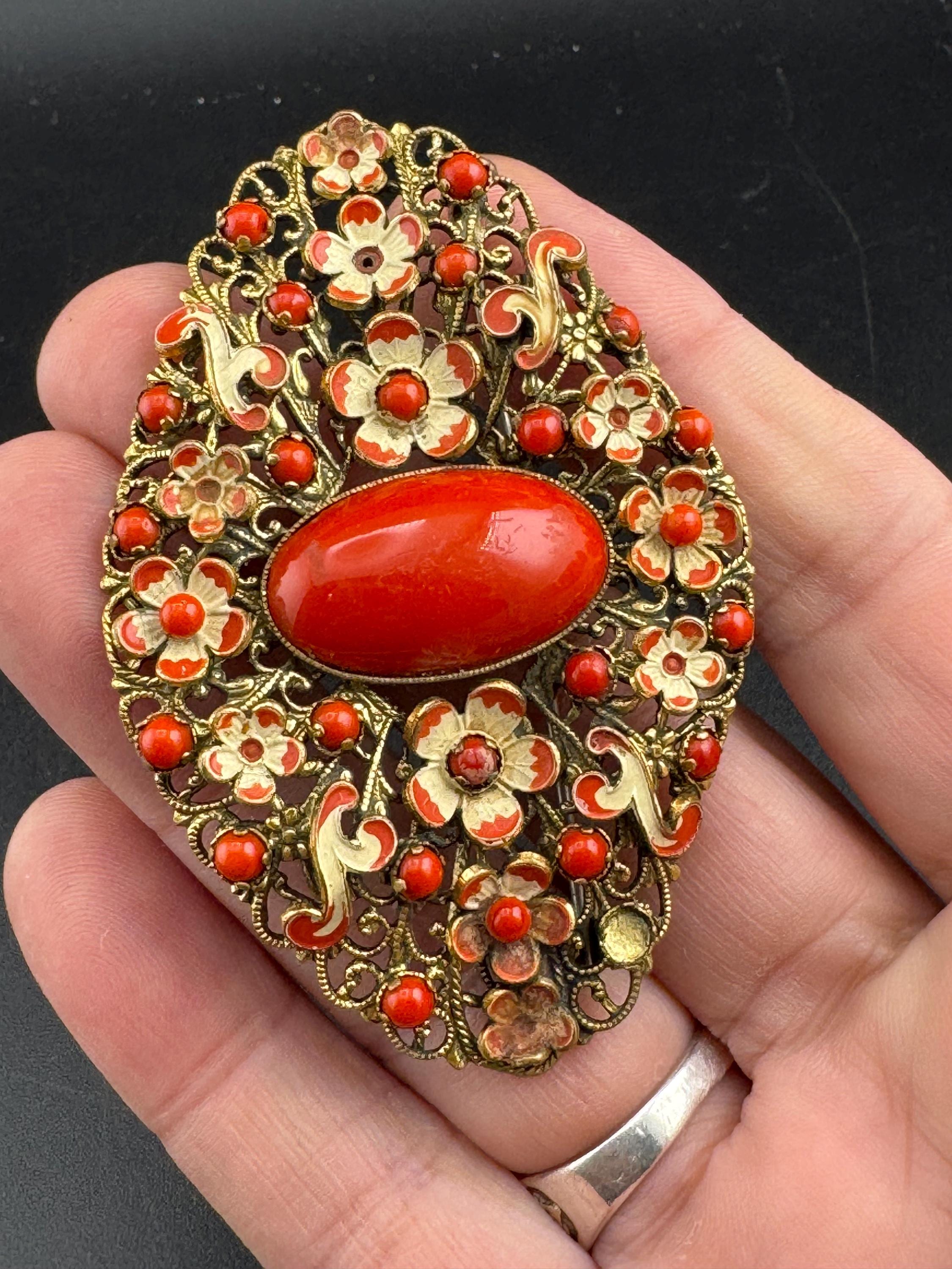 Art Deco large Czech Brooch: Brass Metal Leaf, cold painted Enamel, coral orange cabochon