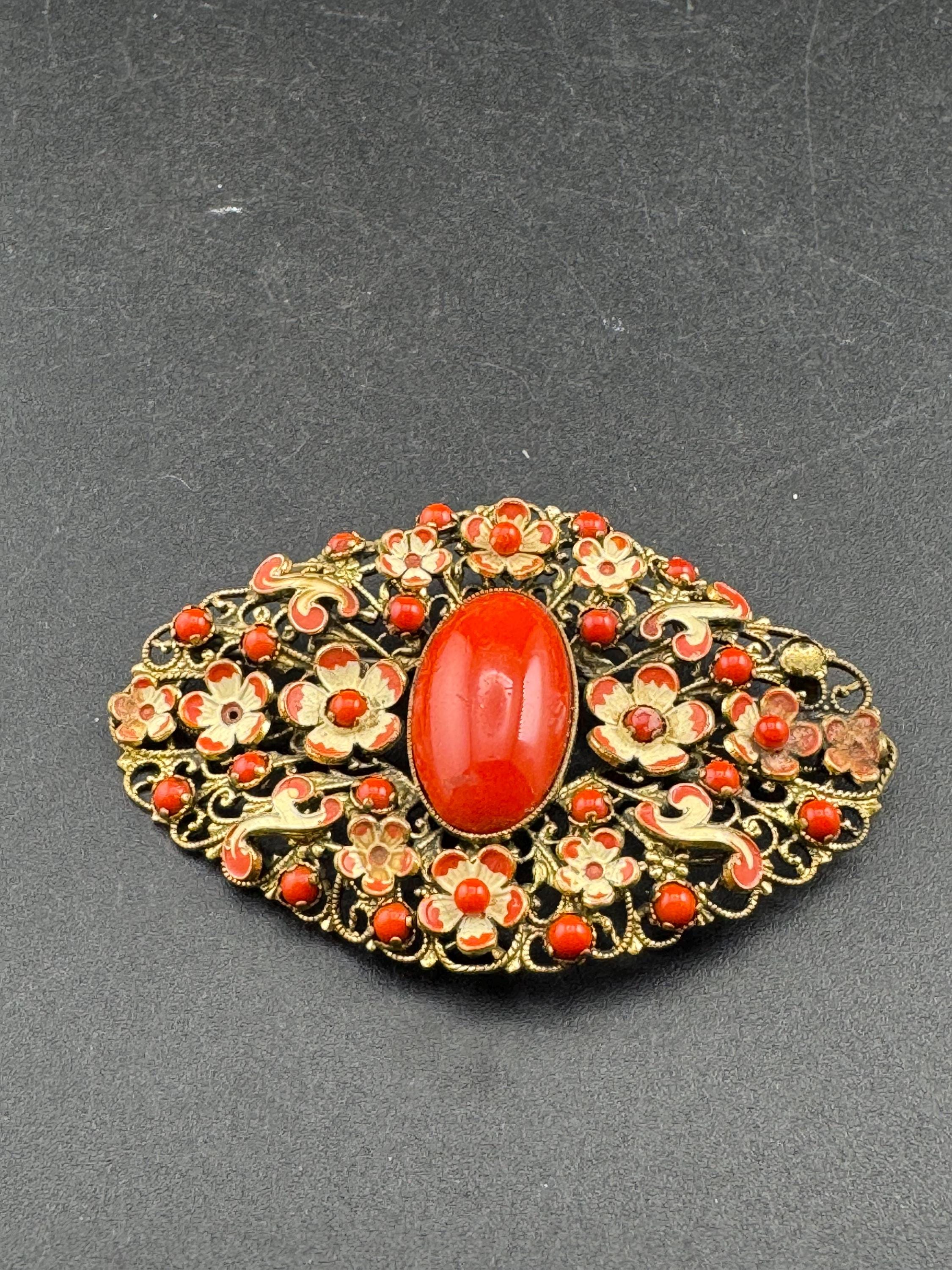 Art Deco large Czech Brooch: Brass Metal Leaf, cold painted Enamel, coral orange cabochon