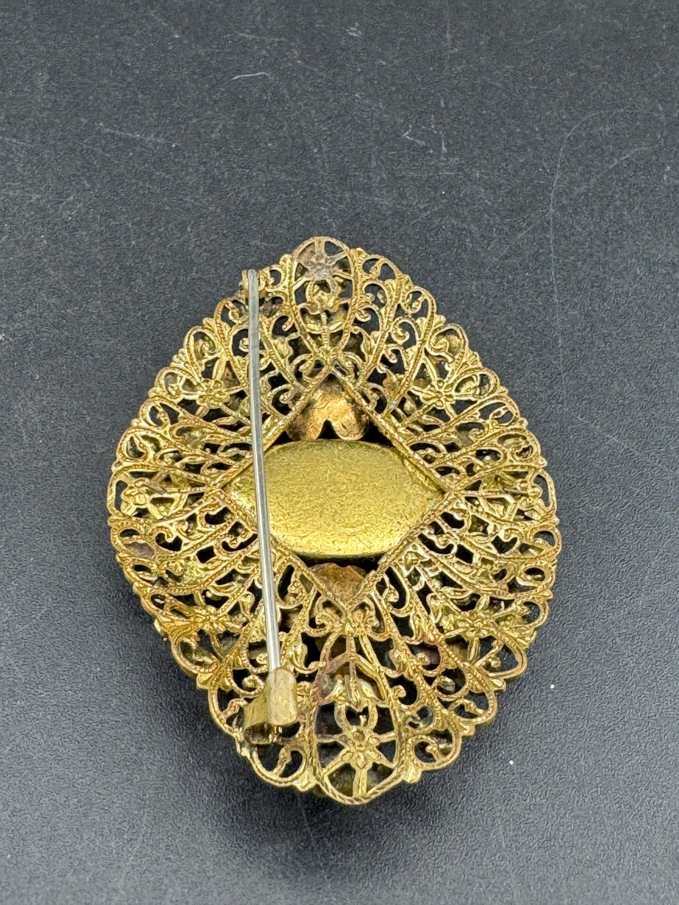 Art Deco large Czech Brooch: Brass Metal Leaf, cold painted Enamel, coral orange cabochon