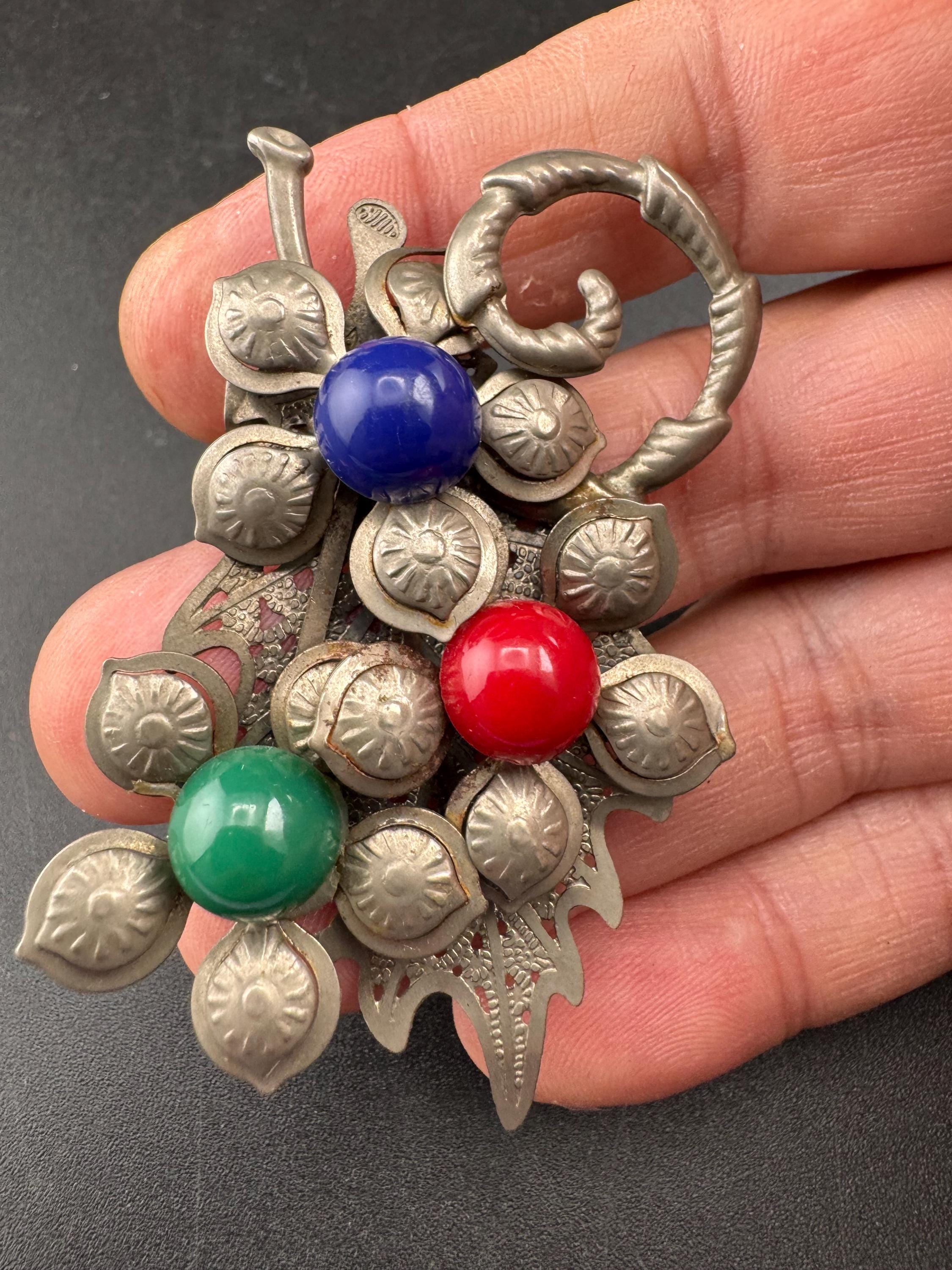 Czech Brooch with red blue green cabochons, silver pressed metal