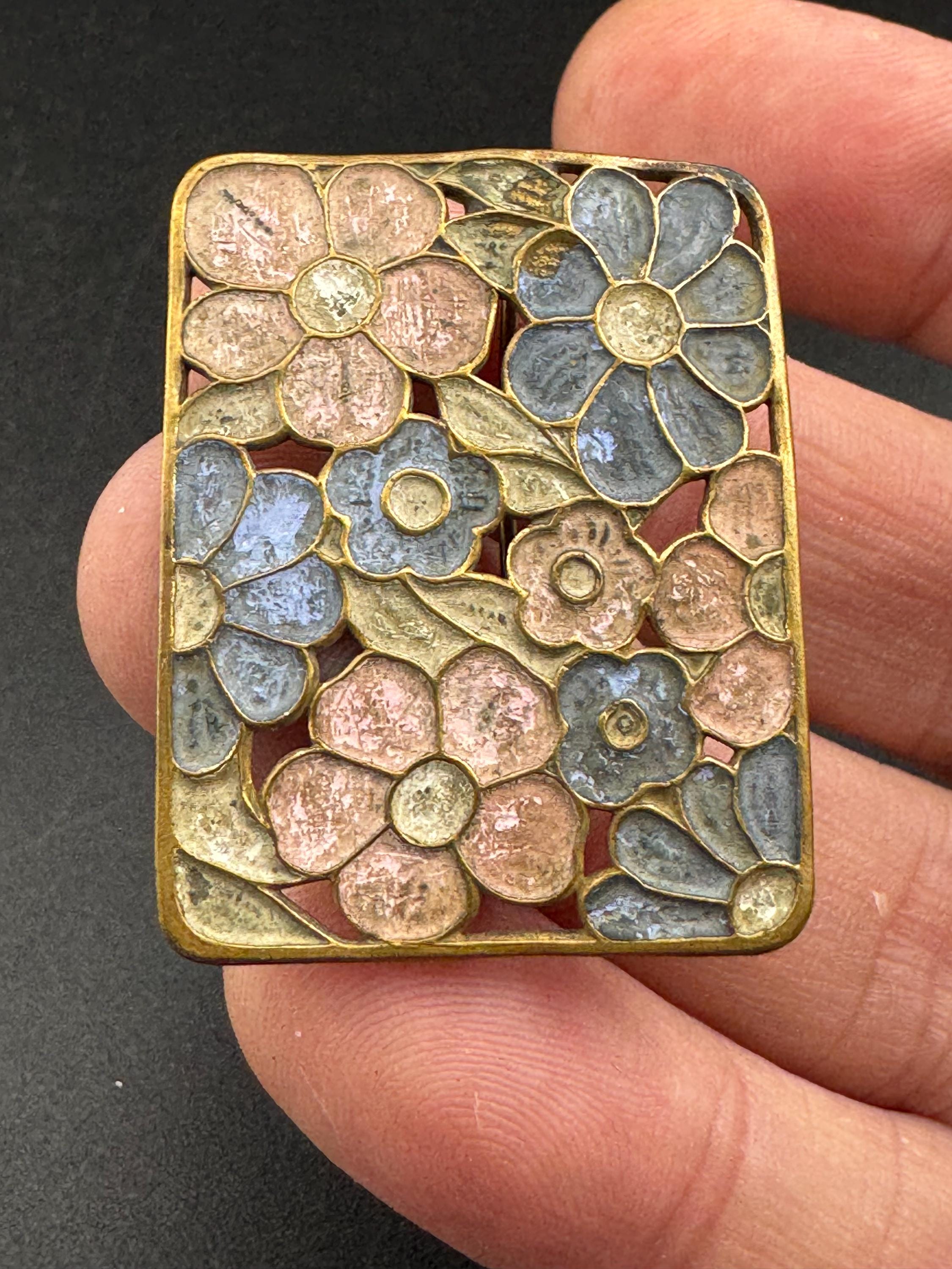 Art Deco Czech pastel Brooch: coloured Enamel Flowers blue and pink