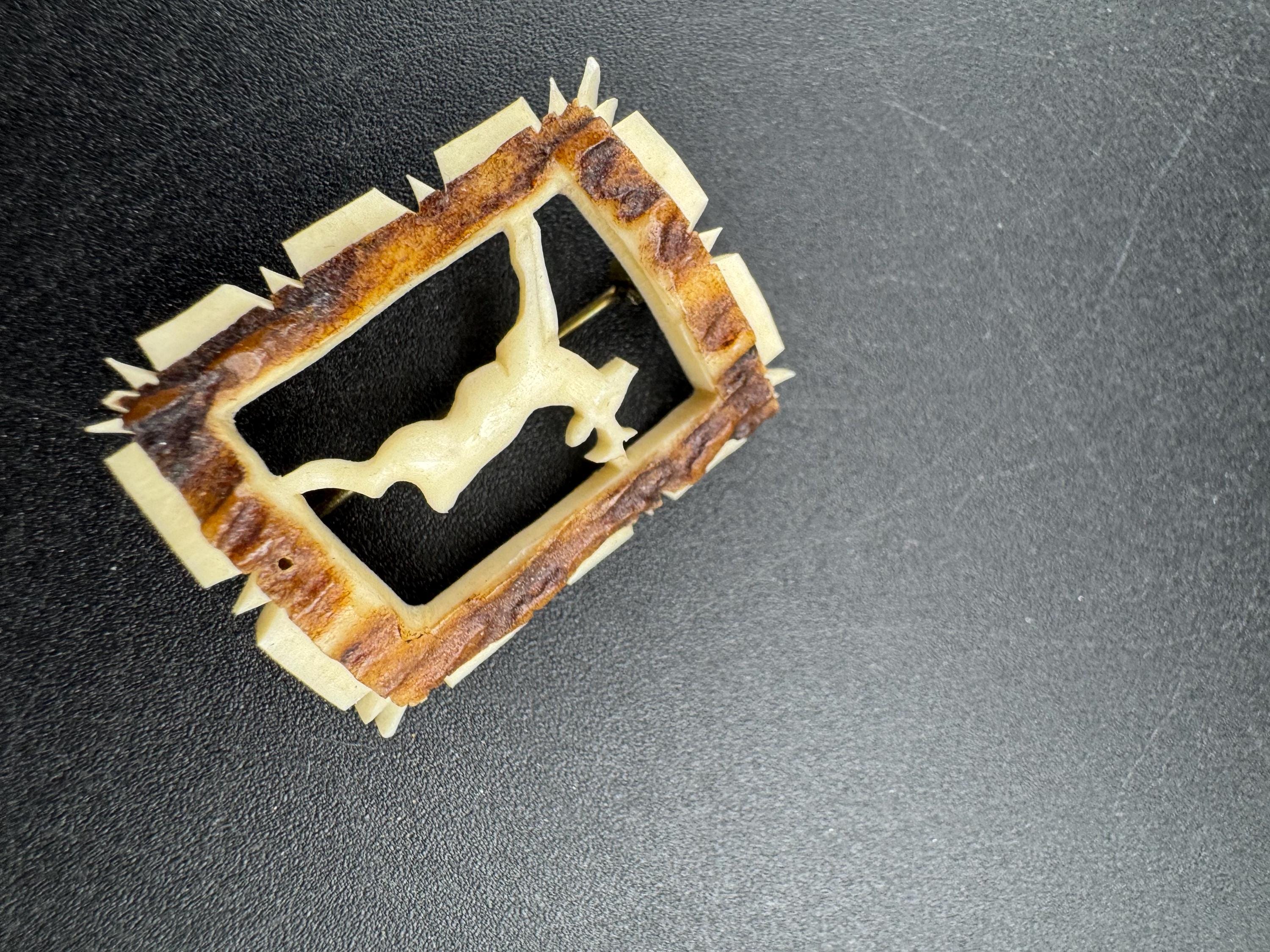 Vintage cream celluloid woodland stag brooch, cut out work early plastic 1930s