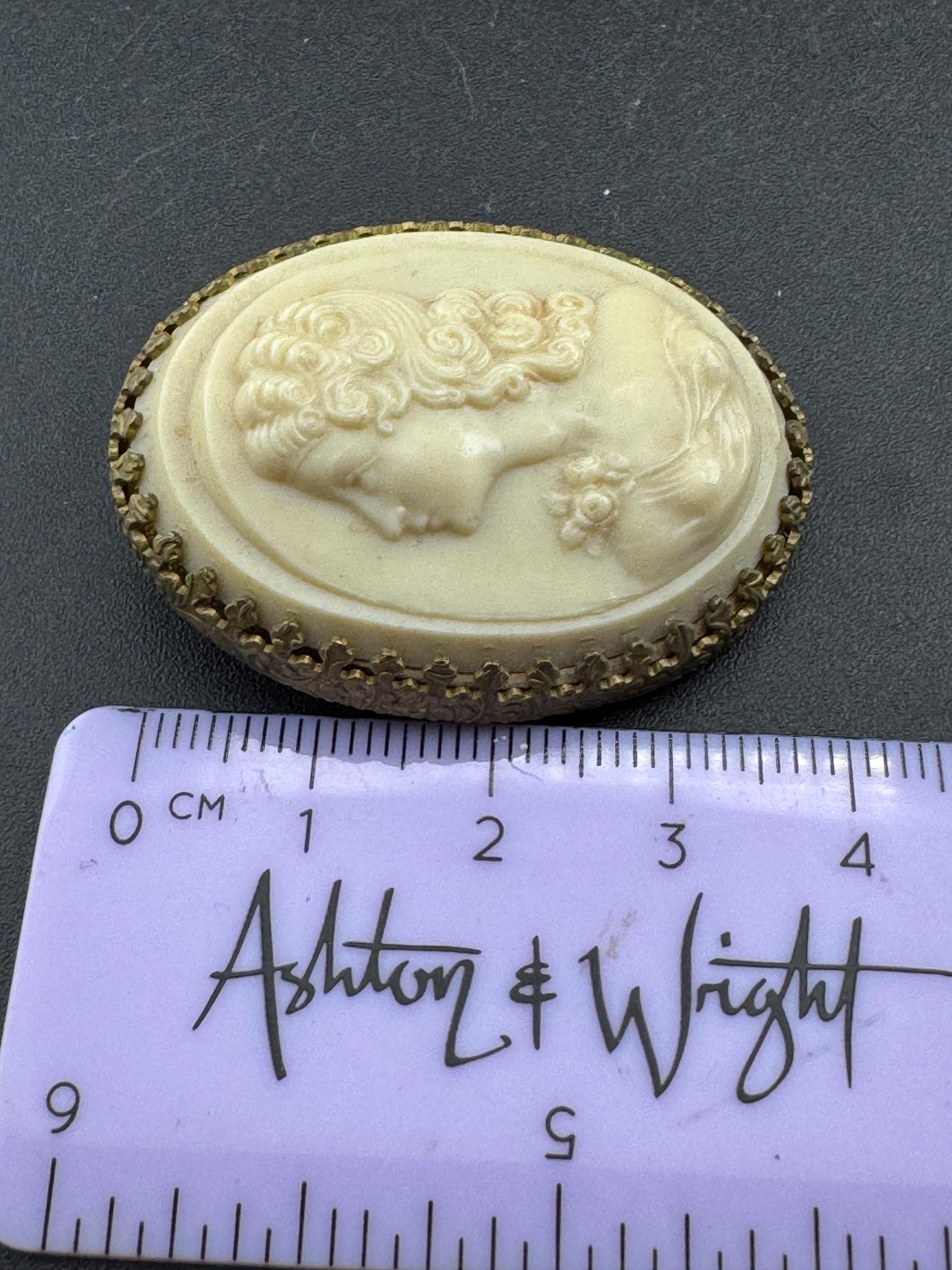 Vintage cream celluloid framed lady cameo brooch, French early plastic