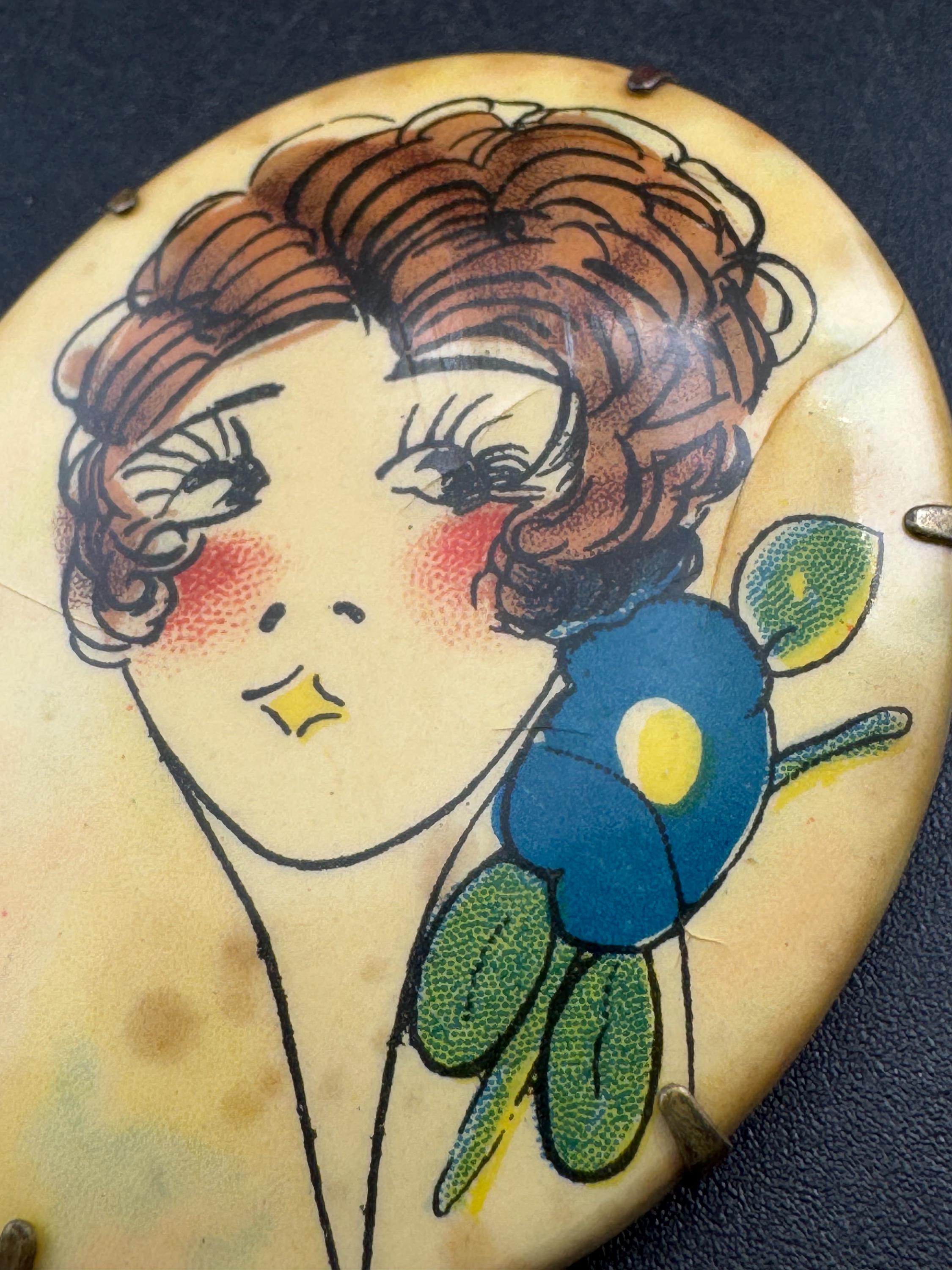 Vintage celluloid cream art deco lady Figural brooch, c clasp early plastic