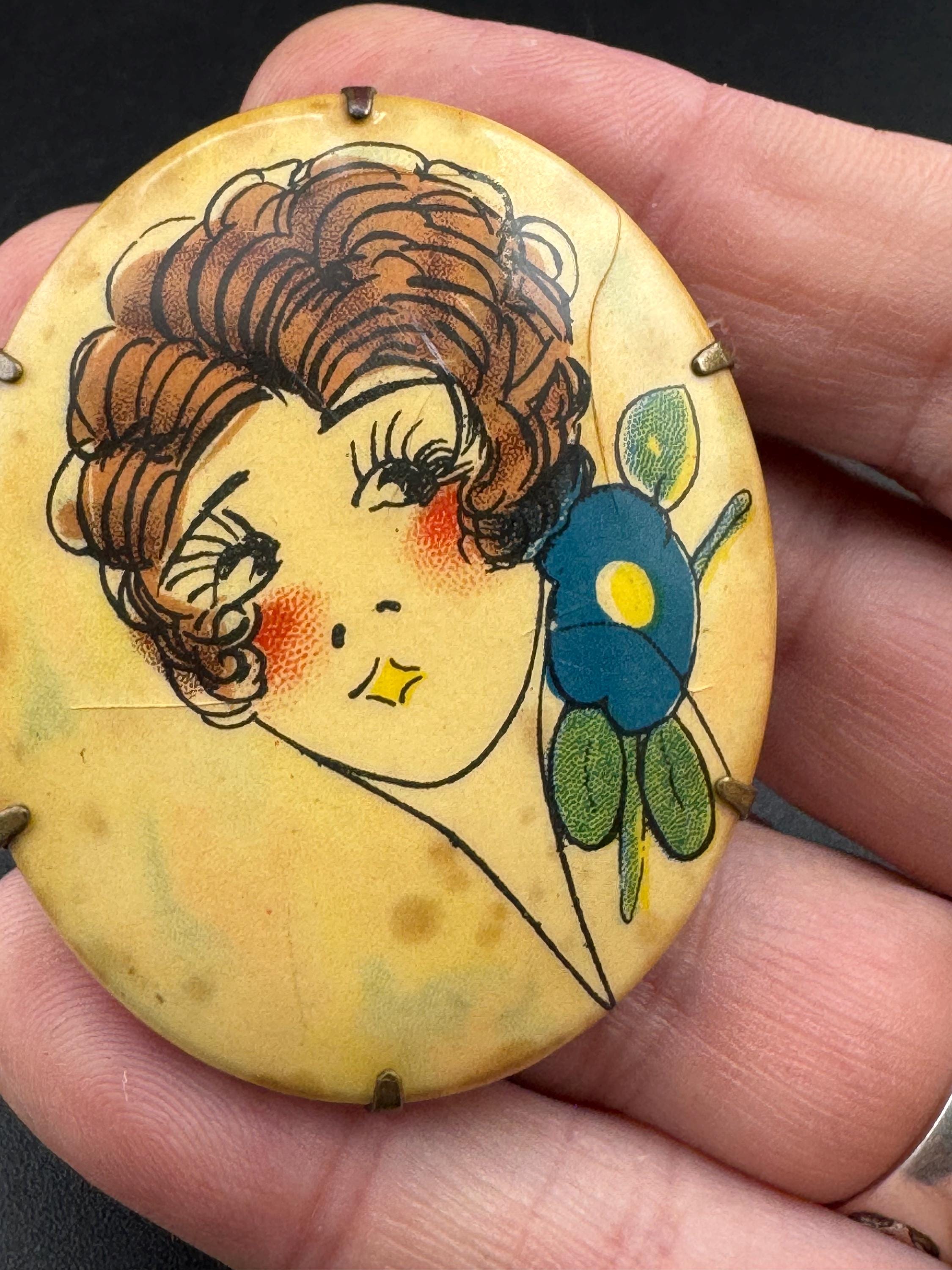 Vintage celluloid cream art deco lady Figural brooch, c clasp early plastic