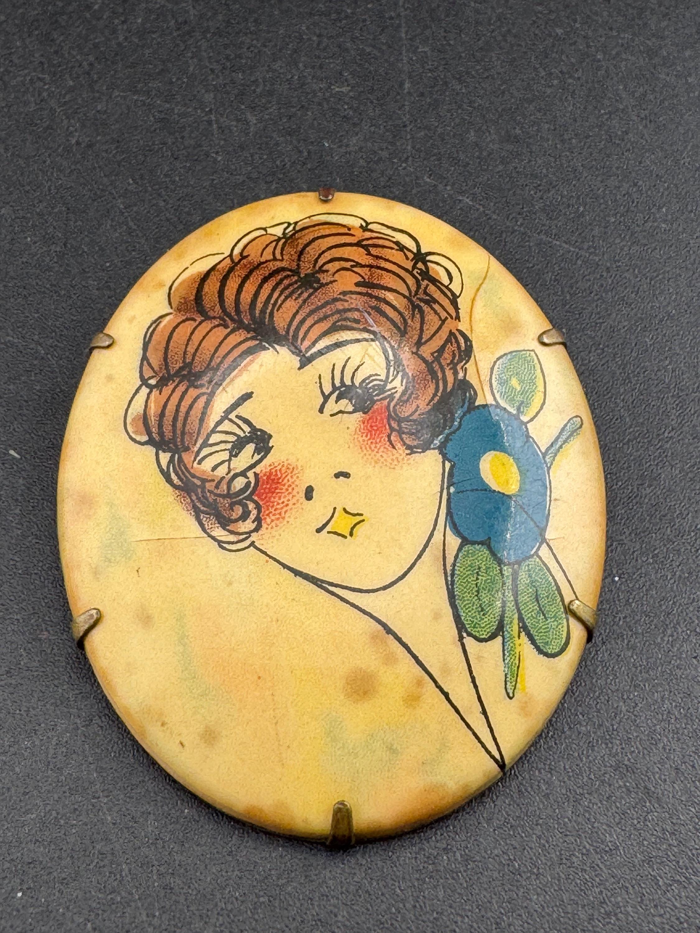 Vintage celluloid cream art deco lady Figural brooch, c clasp early plastic