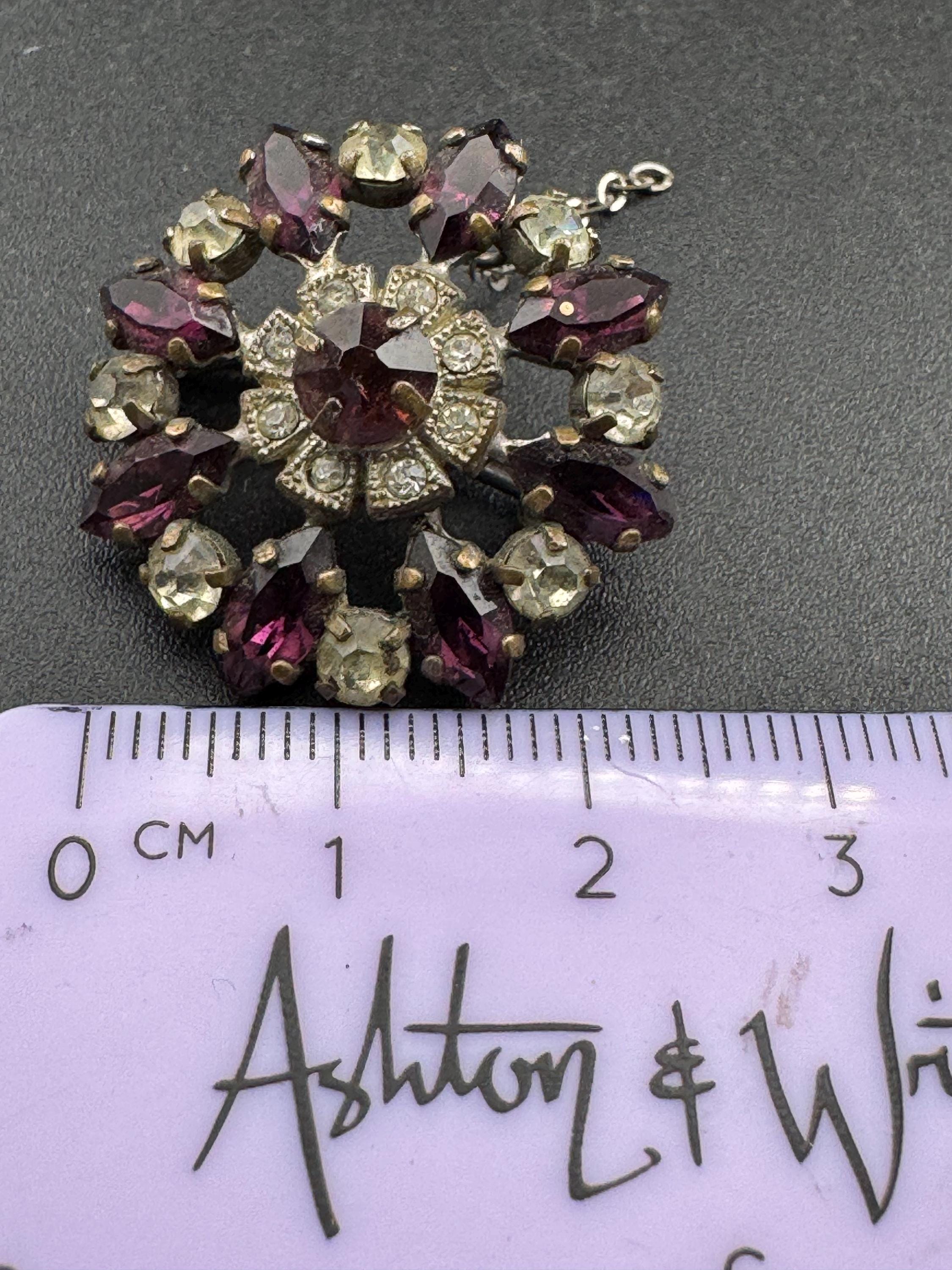 Edwardian amethyst rhinestone small Brooch with c clasp, purple and clear