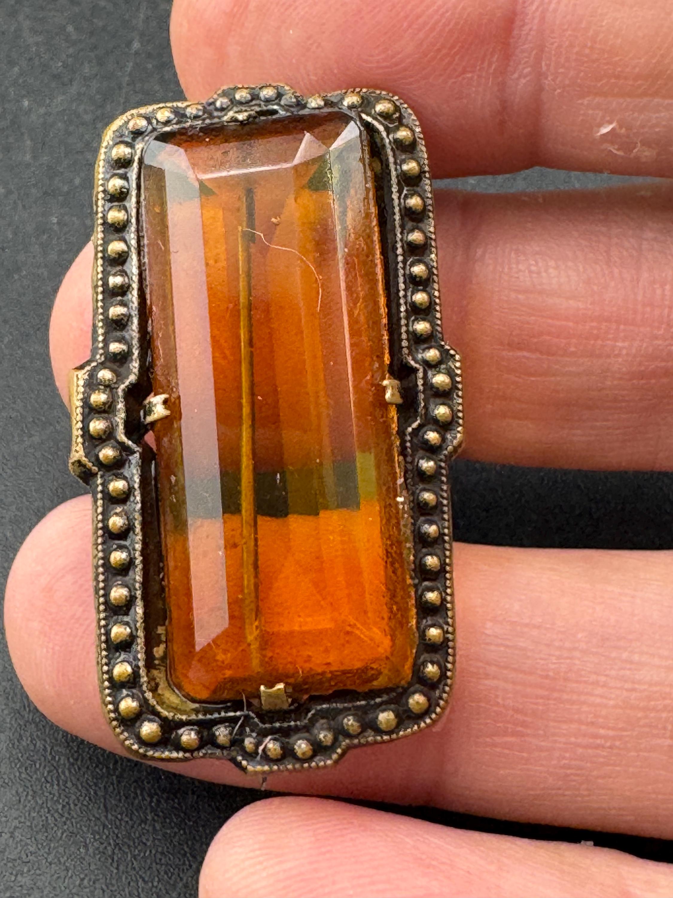 Edwardian Orange citrine glass cabochon brooch old c clasp gold metal