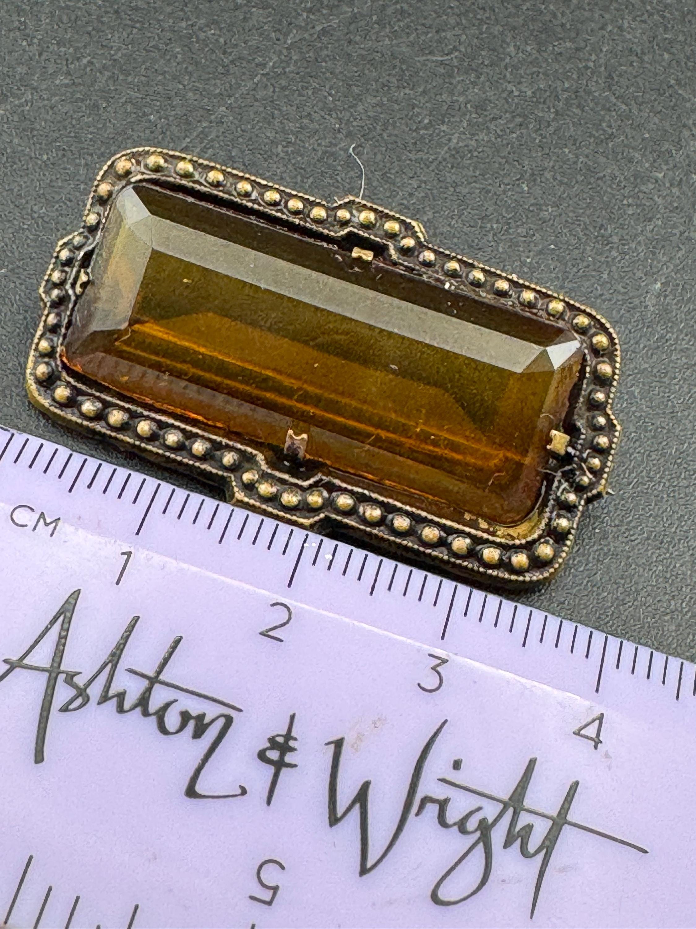 Edwardian Orange citrine glass cabochon brooch old c clasp gold metal
