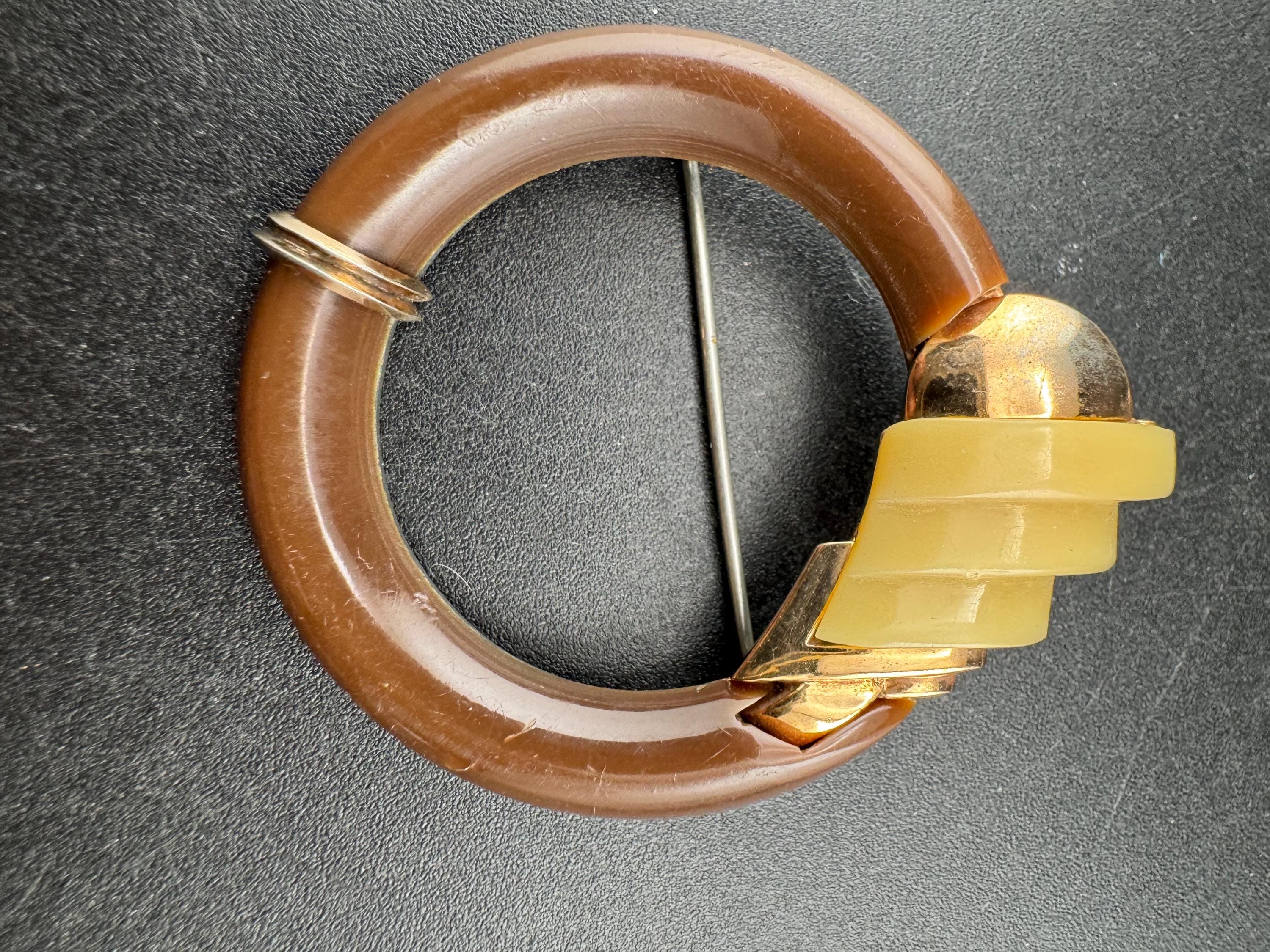 Vintage machine age brown enamel modernist brooch, galalith and chrome