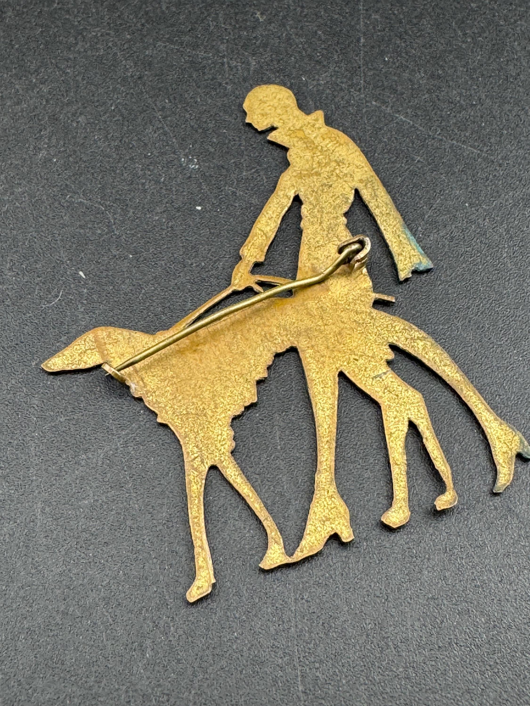 Vintage Vogue Art Deco 1920s Lady Walking borzoi Dog Brooch brass Pin