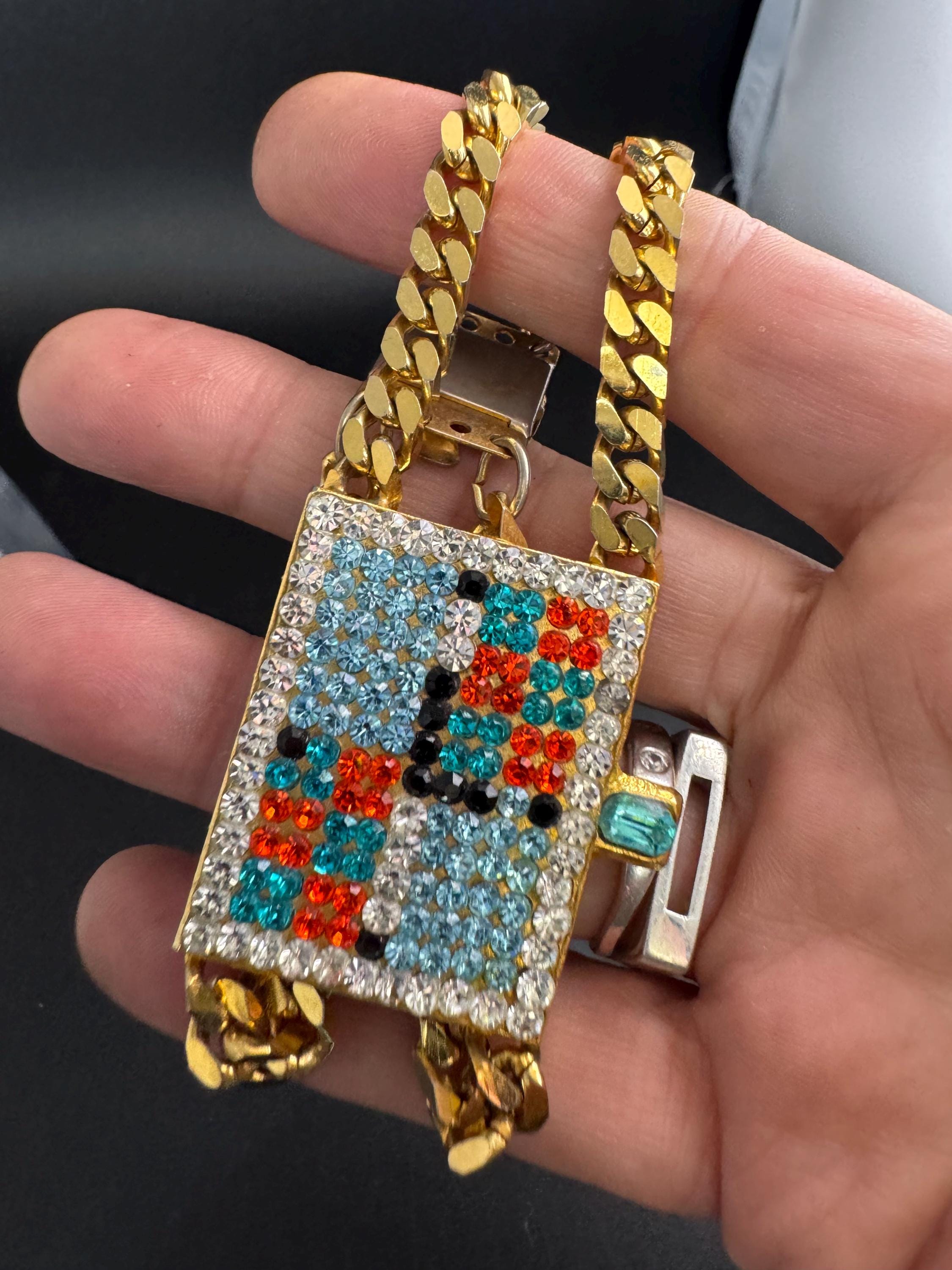 Signed idemaria novelty rhinestone watch bracelet, gold tone diamanté crystal