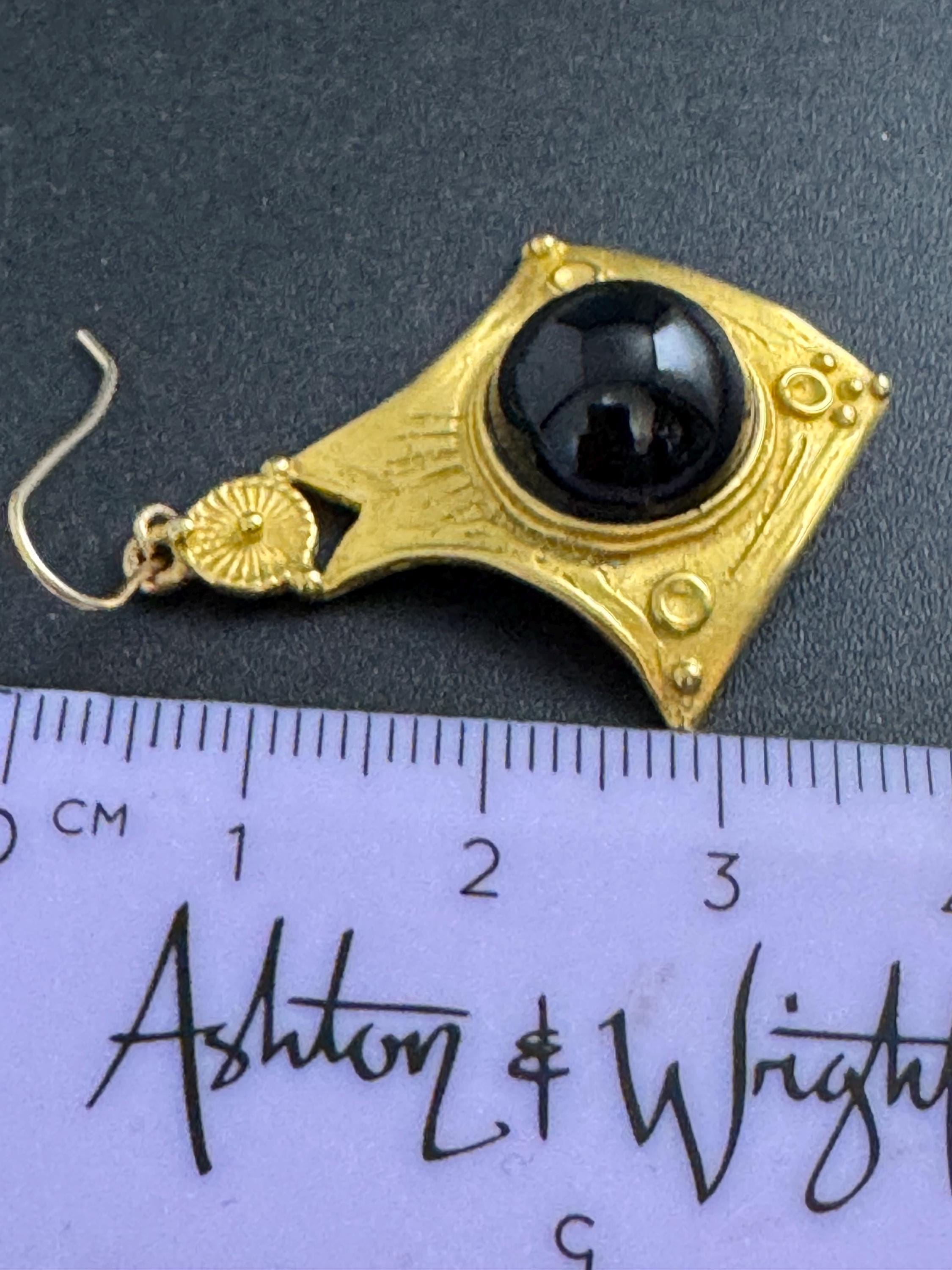 JADED NY Matt gold black cabochon drop earrings, Etruscan style pierced